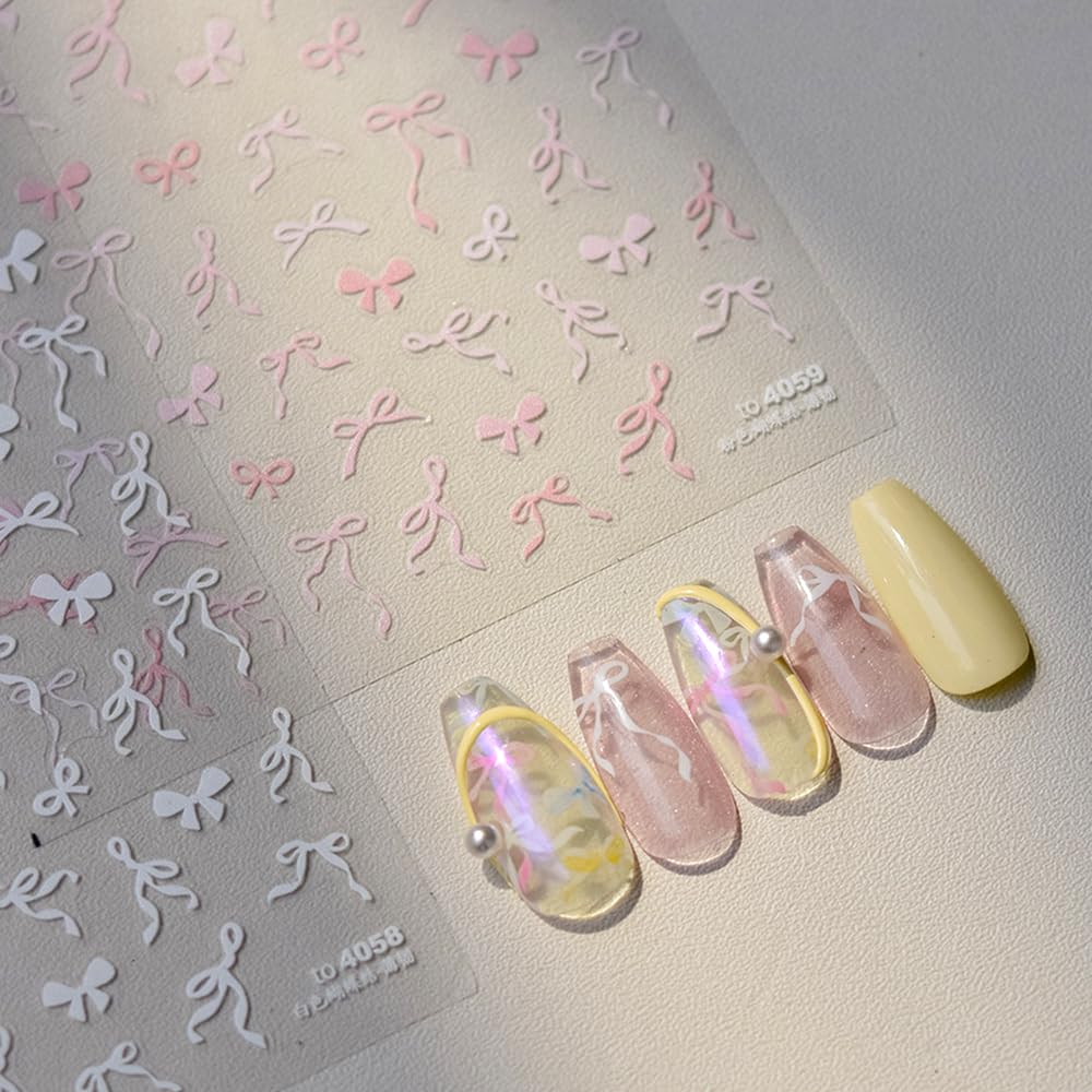Sweet Pink White Black Bow Nail Stickers - Kawaii Waving Ribbon Bowknot Nail Art Decor - Cute Nail Design Stickers & Decals for Women - Perfect for DIY Nail Art, Parties, and Gifts - Nail Art Supplies & Accessories