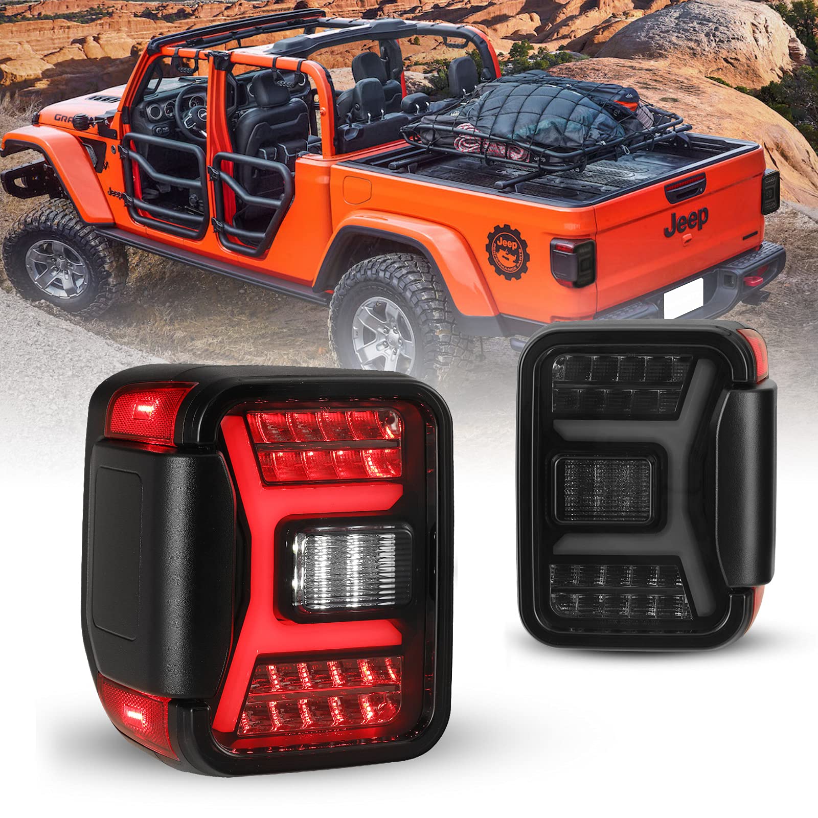 Smoked LED Tail Lights for 2019-2023 Jeep Gladiator JT - DRL & Sequential Turn Signal Lights - Plug & Play Taillights with 30W Reverse/Brake Light (1 Pair) - Perfect for Off-Roading, Night Driving & Jeep Customization
