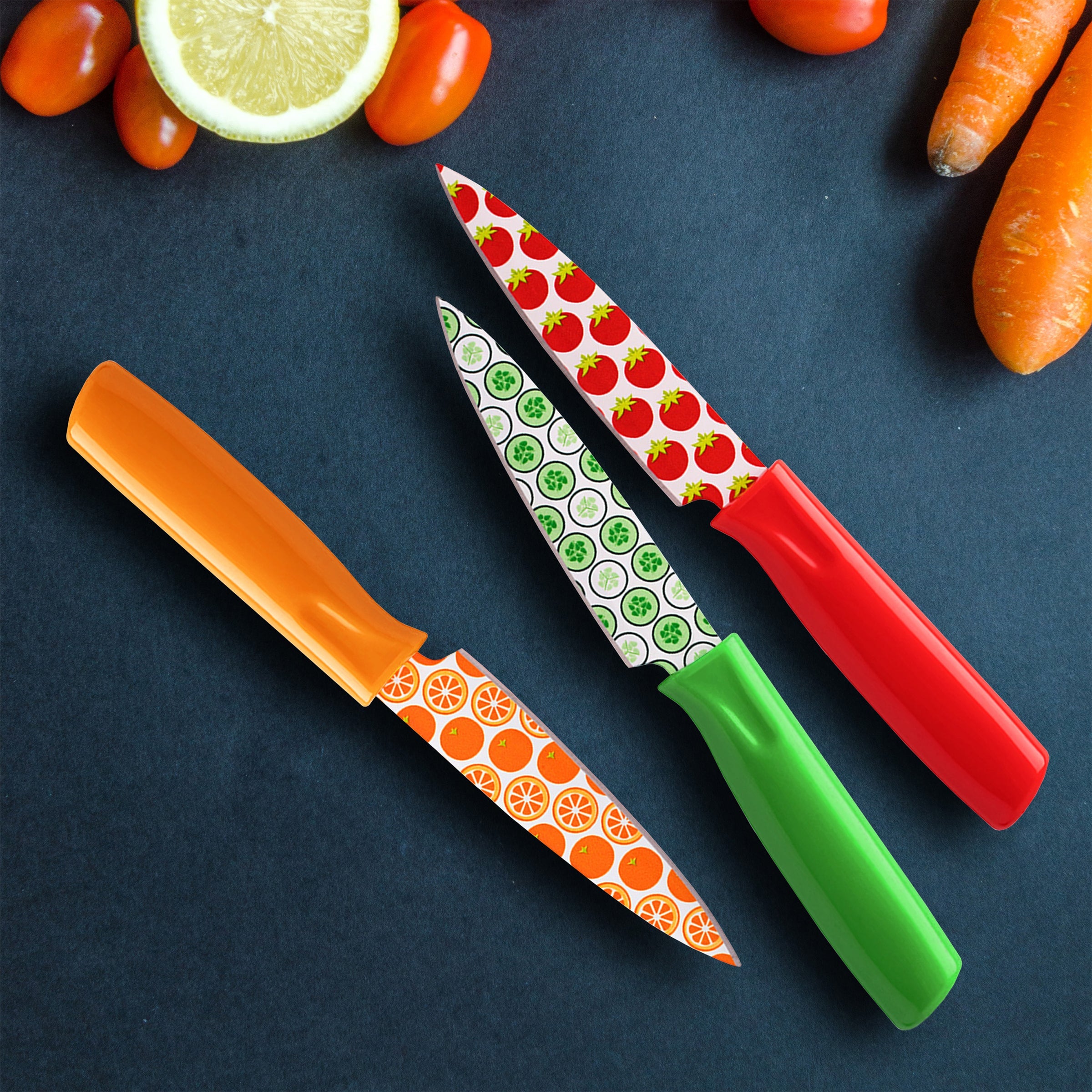 Premium Tomodachi Printed Fruit 3-Piece Paring Knife Set - Sharp Stainless Steel Kitchen Knives for Slicing Peeling & Decorating Fruits - Perfect for Home Cooking, Camping & Gift Giving