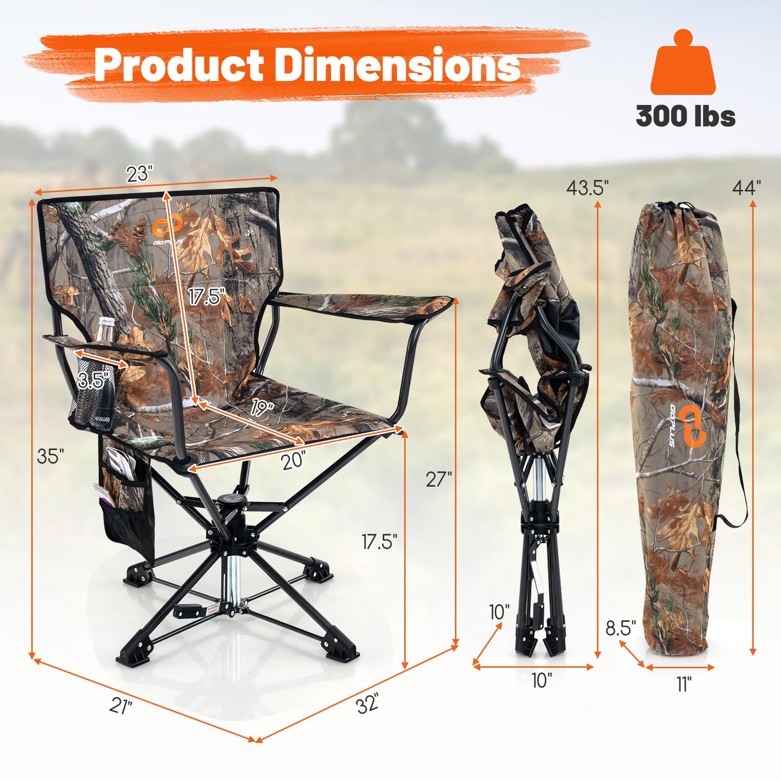 Goplus 360° Swivel Camping Chair for Adults - Portable Folding Hunting Chair with Cup Holder & Carry Bag - Rotating Lawn Chair for Fishing, Picnic, Hiking, Outdoor Activities (Camo) - Perfect for Backyard, Beach, Tailgating & Camping Trips