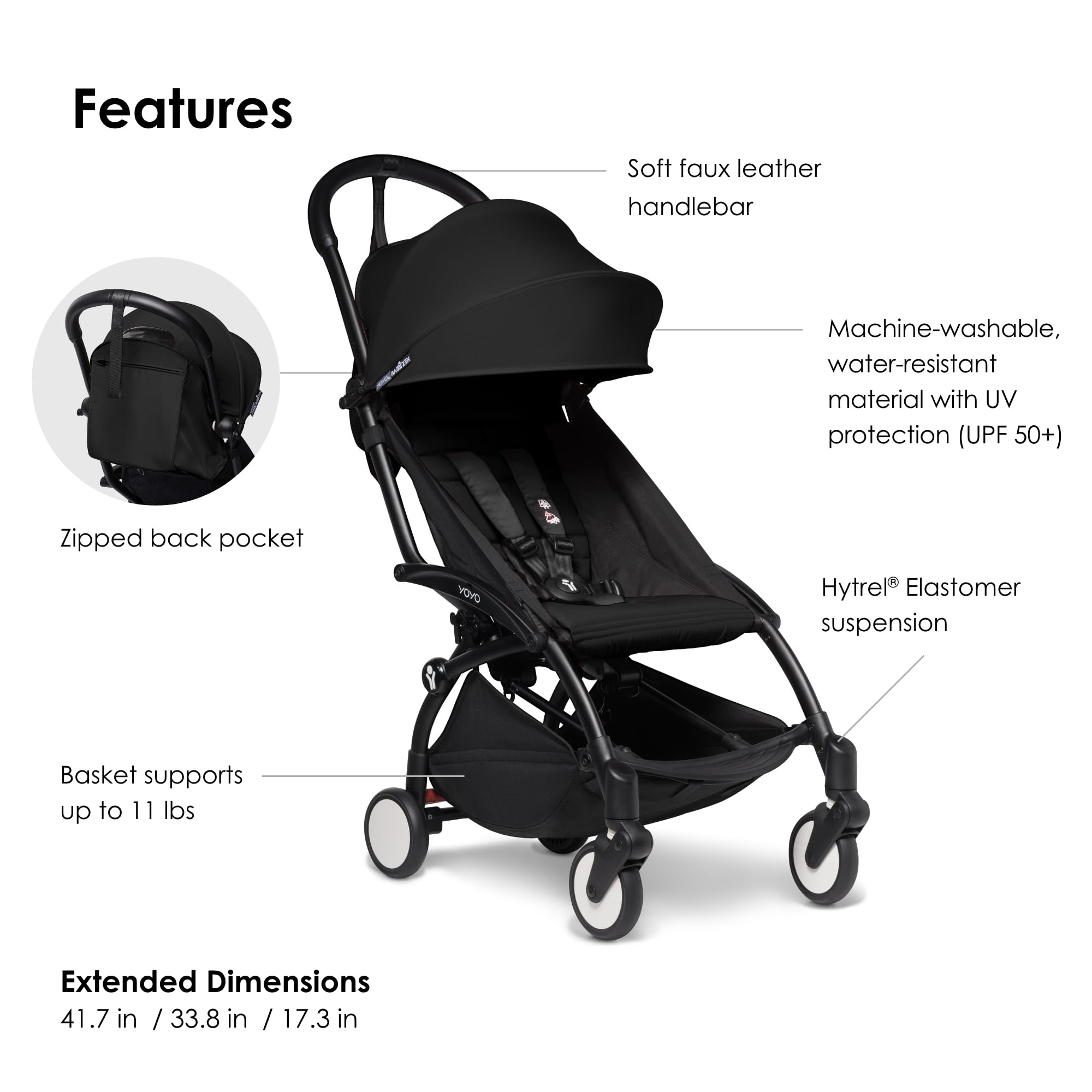 BABYZEN YOYO2 Lightweight Compact Stroller - Black Frame, Seat Cushion & Canopy - Up to 48.5 lbs Capacity - Perfect for Travel, City Walks & Airplane Use