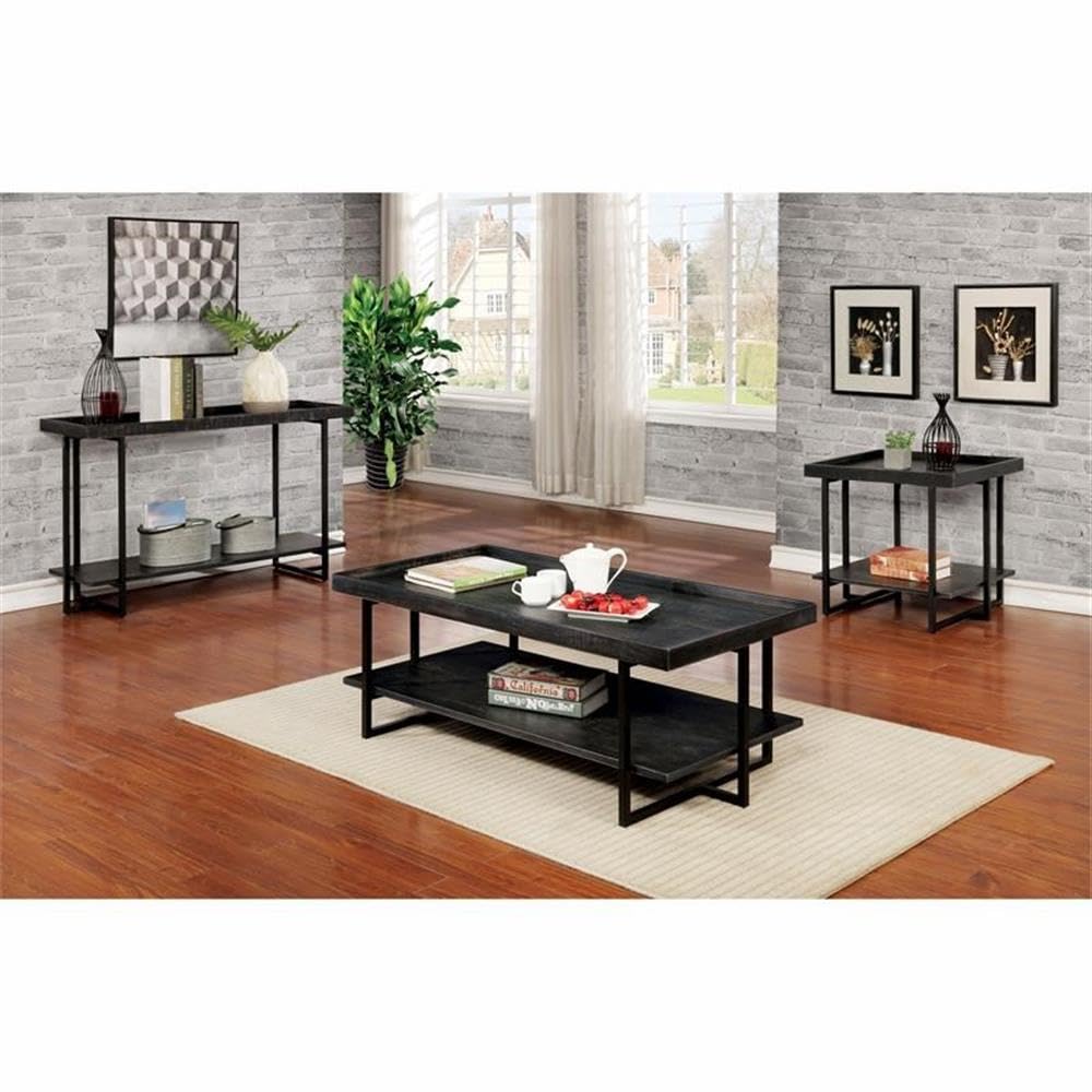 Black Industrial Wood 1-Shelf End Table Set of 2 - Modern Side Table for Living Room, Bedroom & Office - Sturdy Home Square Prakers Furniture for Small Spaces