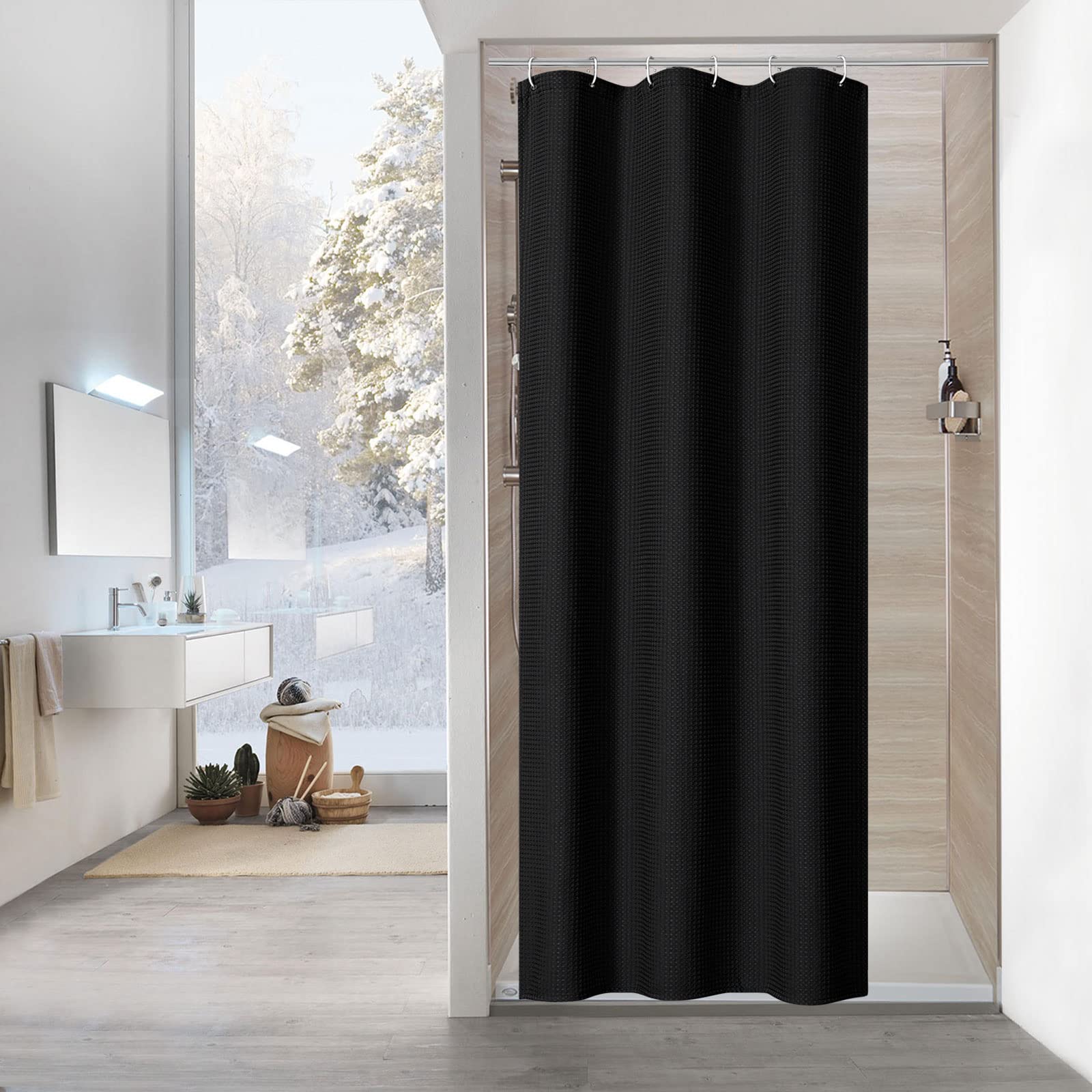 Black Waffle Small Stall Shower Curtain 36 x 72 Inches - Half Size Farmhouse Fabric Narrow Bathroom Curtain with Weighted Hem - Perfect for Small Bathrooms, RVs, and Tiny Homes