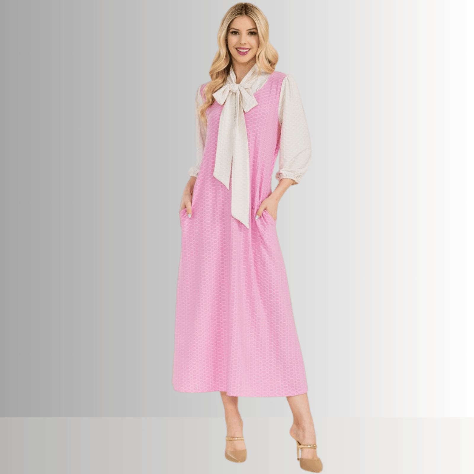 Honeycomb Jersey Classic Bowtie Midi Dress for Women - Elegant Floral Print Summer Party Dress for Wedding, Cocktail & Special Occasions