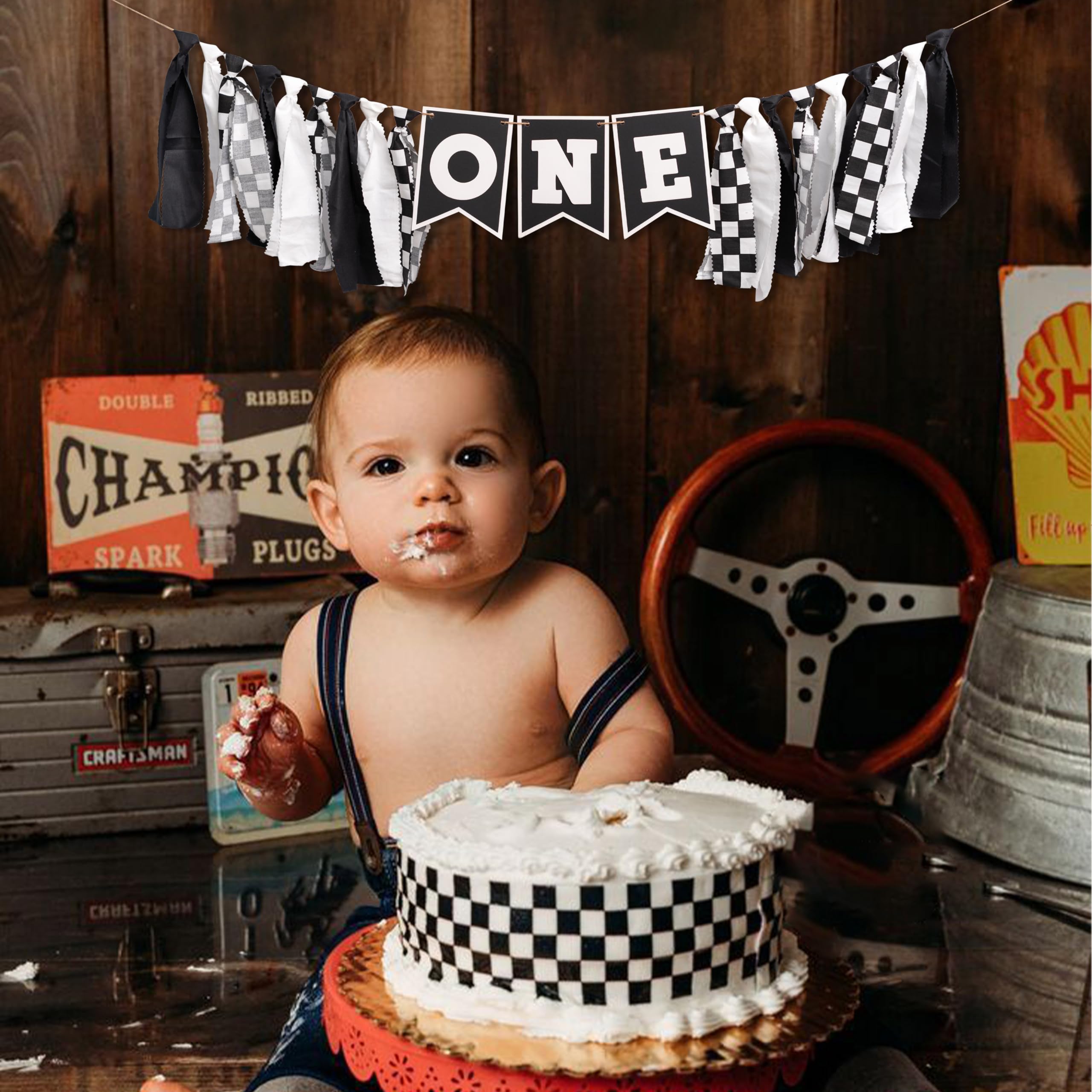 Black & White Race Car Highchair Banner - 1st Birthday Decorations, Race Car Theme Photo Prop for Baby's First Birthday Party | Perfect for Race Car Themed Birthday Decor, Highchair Photo Shoots & Party Backdrops | VANGNING