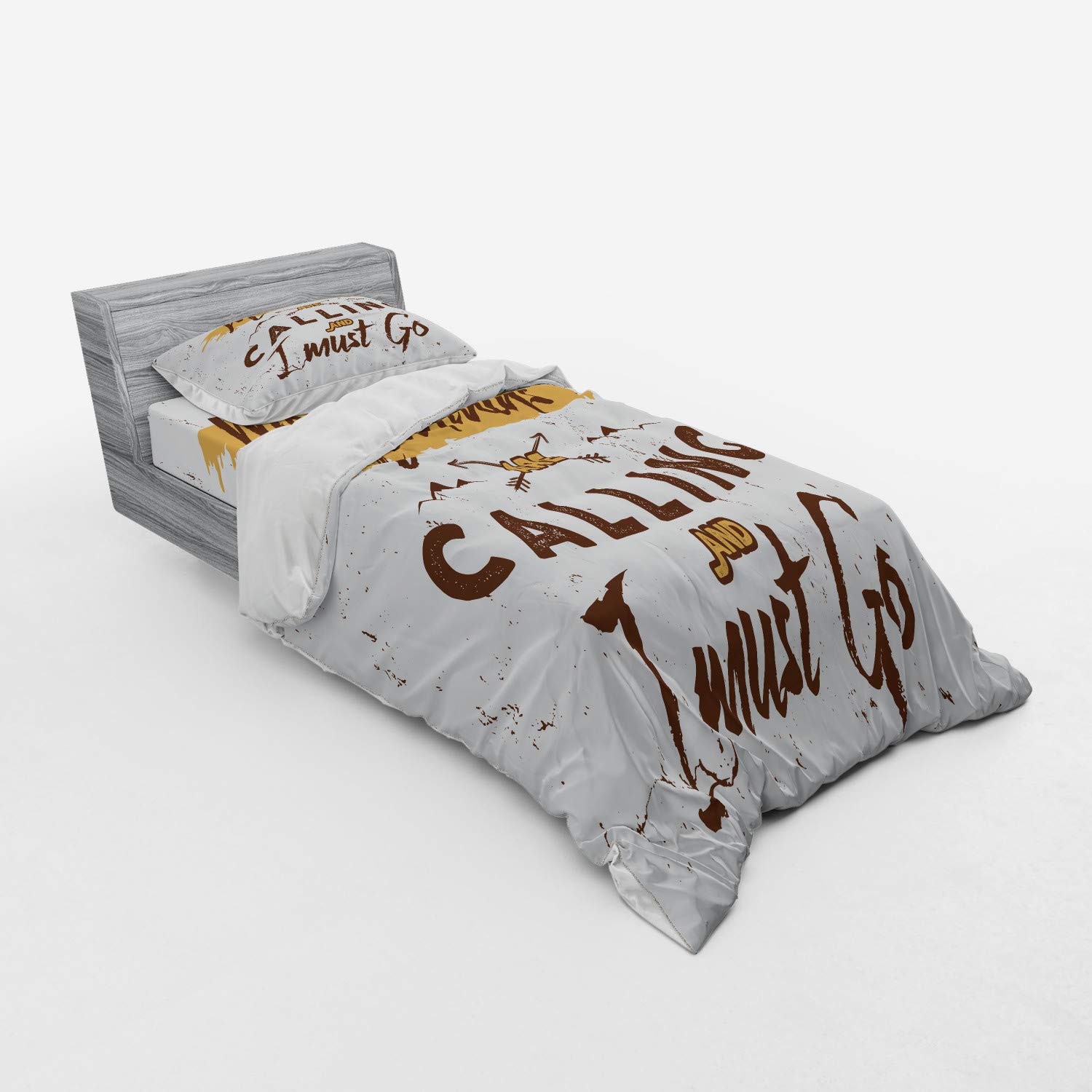 Ambesonne Adventure Duvet Cover Set - Mountain Landscape Travel Inspired 3-Piece Bedding with Sham & Fitted Sheet, Twin XL Size in Brown Pale Coffee White - Perfect for Outdoor Enthusiasts & Nature-Themed Bedrooms
