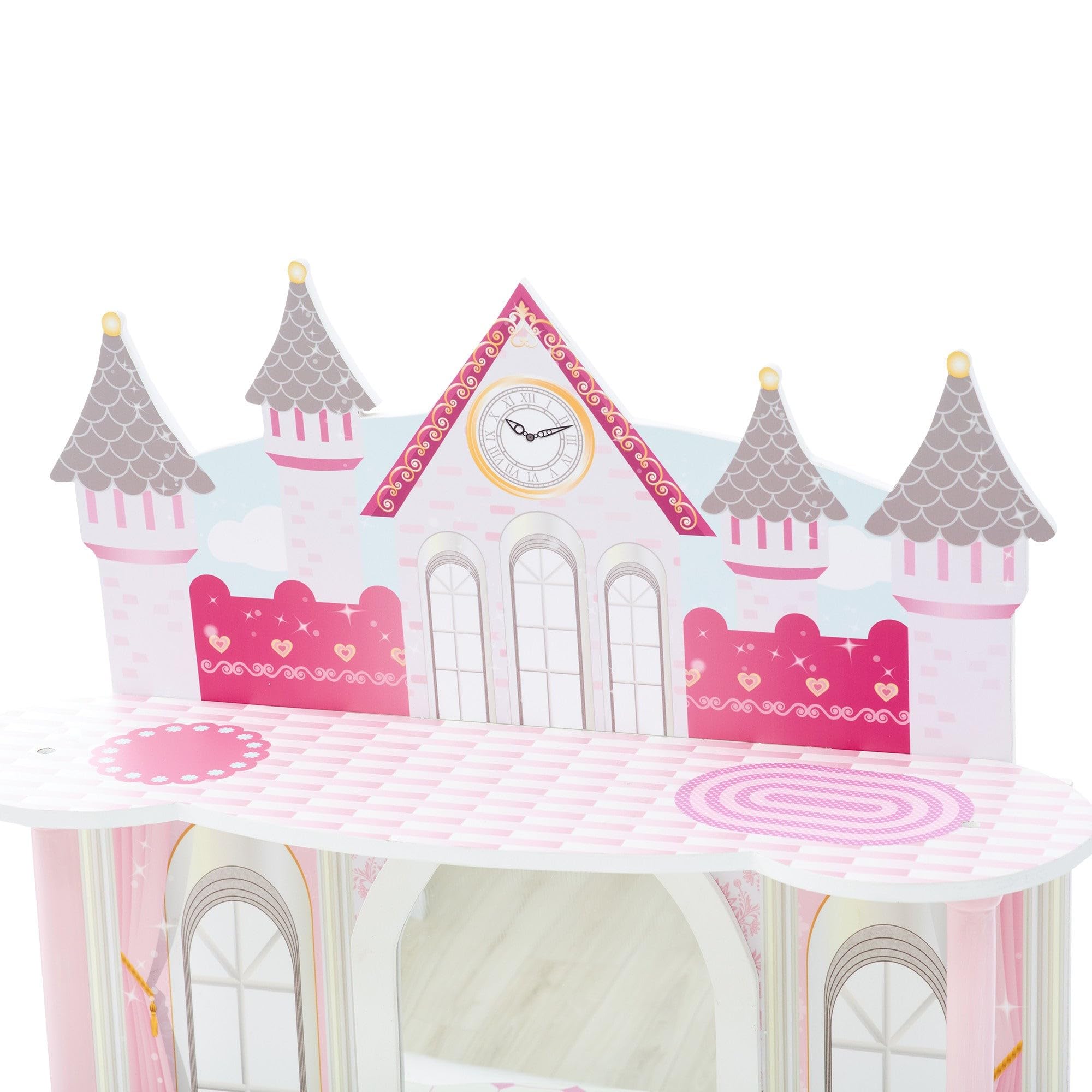 Teamson Kids Dreamland Princess Play Vanity Set with Mirror, Shelf, Storage Drawer & Stool - White & Pink Doll Furniture for 12