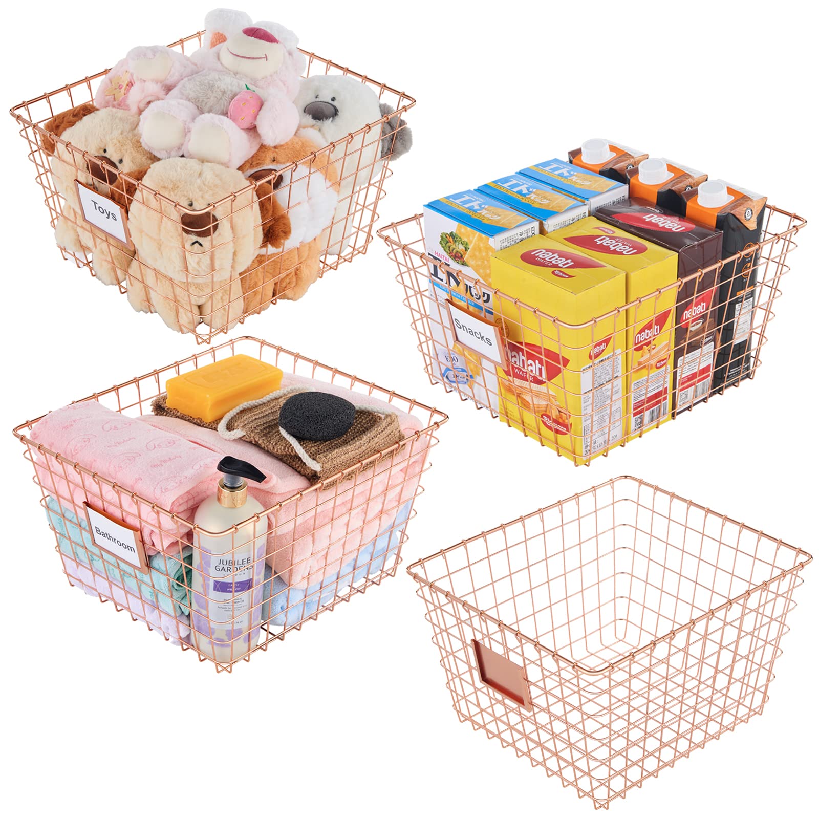 4 Pack Extra Large Wire Handmade Storage Baskets - Rose Gold Organizing Baskets for Home, Pantry, Bathroom Countertop, Laundry & Wardrobe | Perfect for Home Decor, Closet Organization & Gift Giving