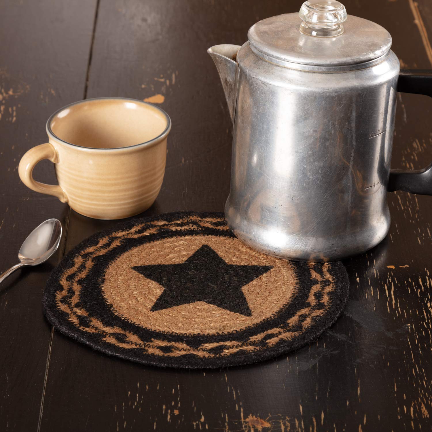 VHC Brands Farmhouse Primitive Star Black Stenciled Textured Round Kitchen Table Jute Trivet 8 Inch - Rustic Home Decor for Dining Table, Coffee Table, and Kitchen Countertop Protection