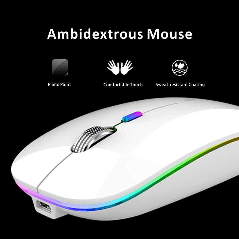 Uiosmuph G12 Slim Wireless LED Mouse - Rechargeable Silent Optical Mouse with 2.4G USB Receiver & Type-C Adapter - Perfect for Office, Home & Travel (White)