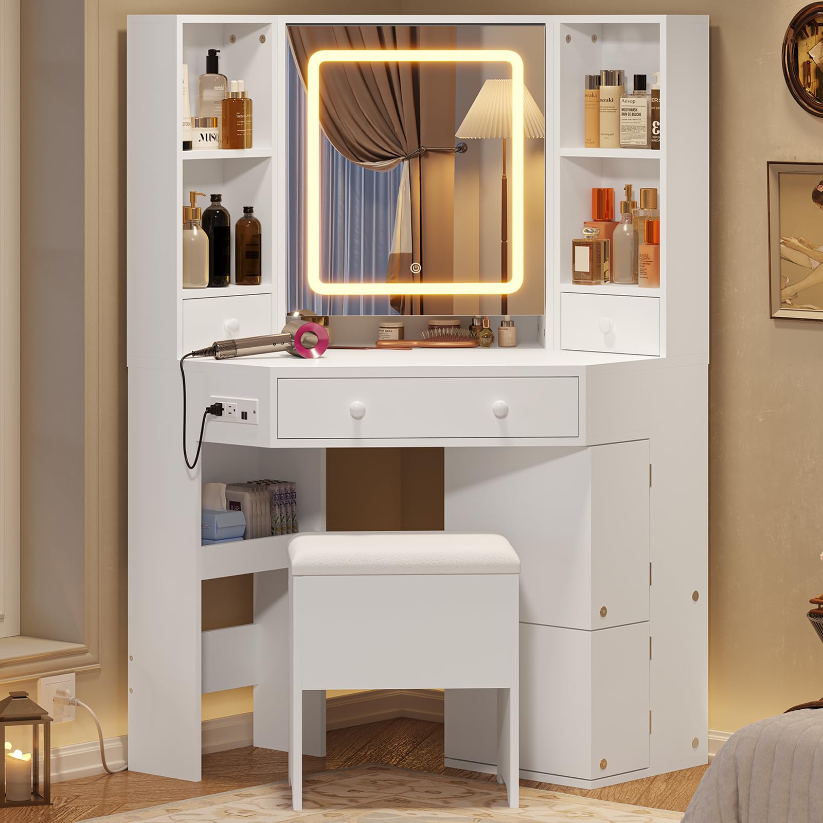 White Corner Vanity Desk with LED Lights & USB Charging Station - Makeup Vanity Set with Mirror, Storage Stool, Drawers & Rotating Shelves - Perfect for Bedroom, Dorm Room or Small Space Beauty Station