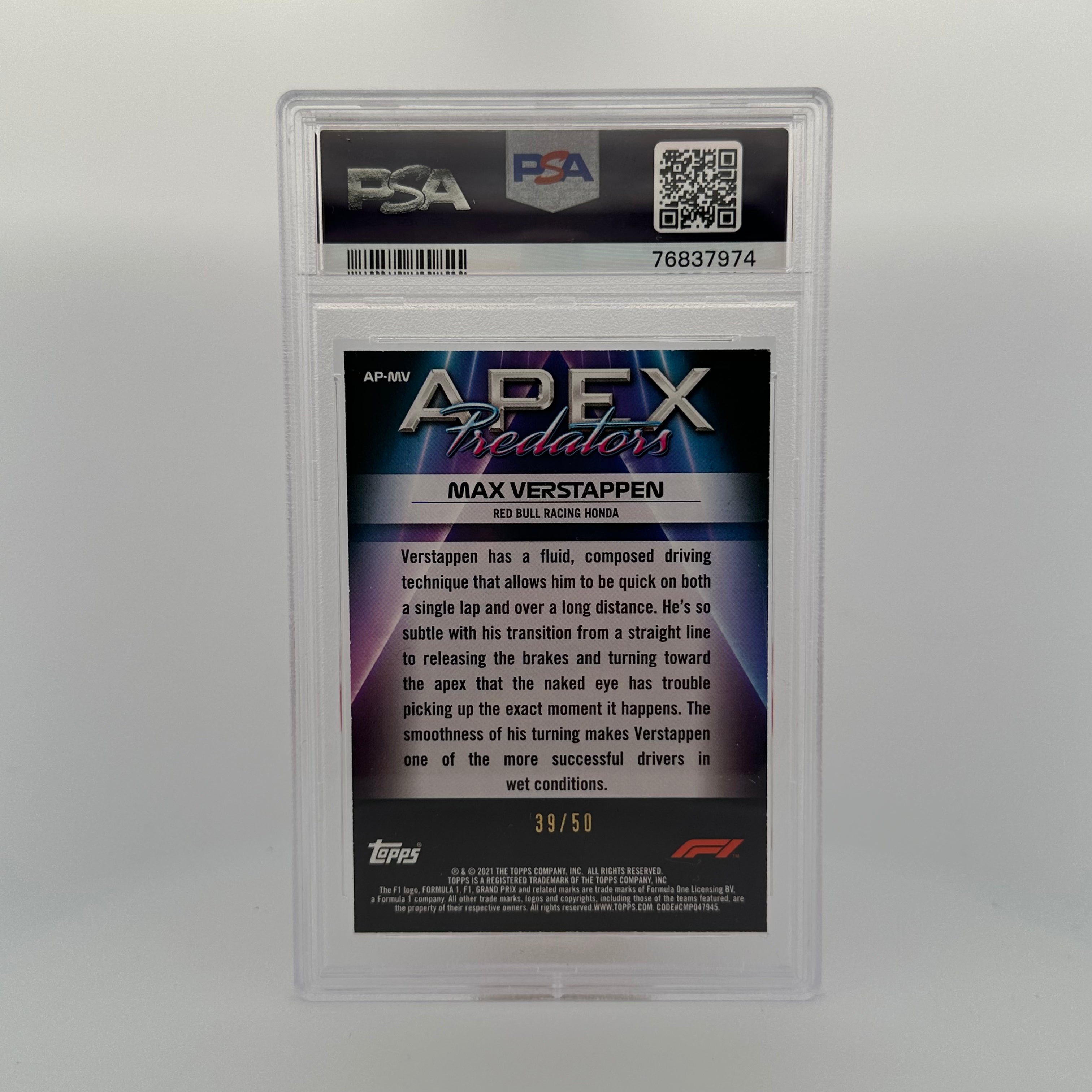 PSA 8 Graded 39/50 Max Verstappen #APMV Apex Predators Gold Parallel - Rare Collectible Trading Card for F1 Fans, Sports Memorabilia & Investment