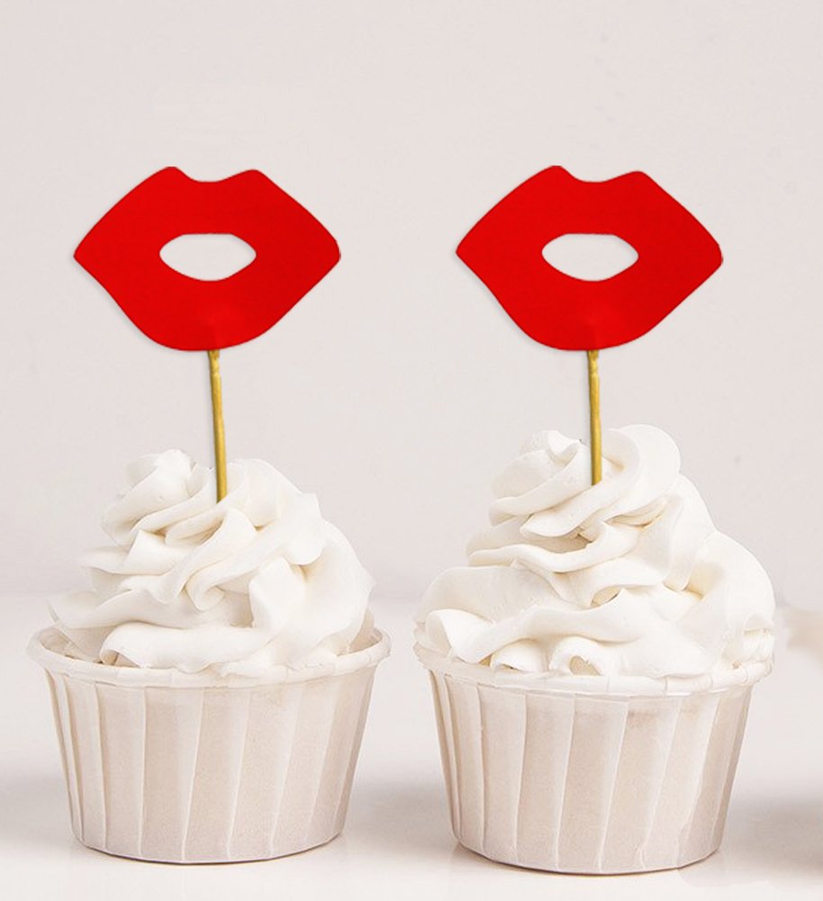 Red Lips Cupcake Toppers - 40pcs Wedding & Birthday Party Decorations, Baby Shower Dessert Toppers for Girls - Perfect for Celebrations, Bridal Showers, and Themed Desserts