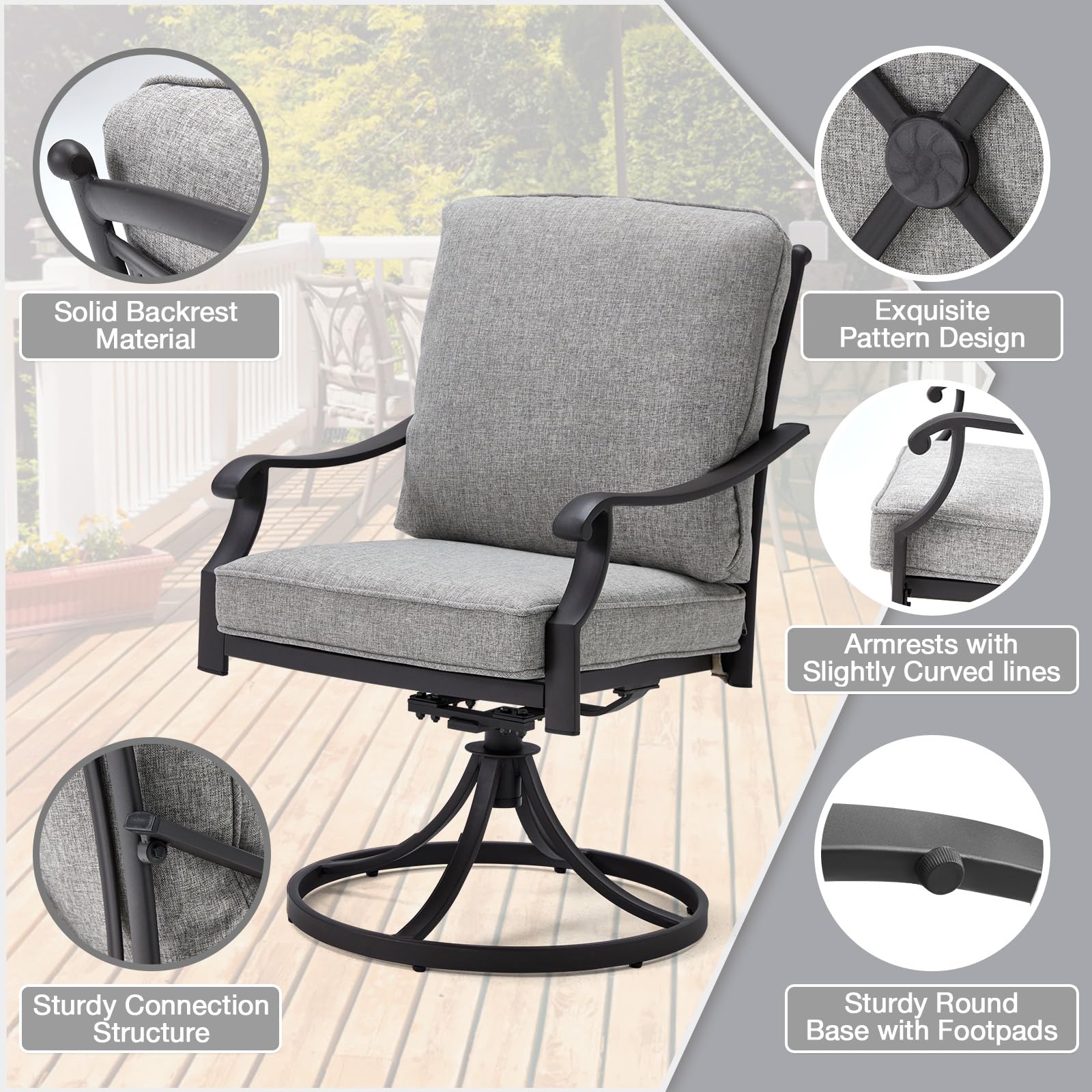 **EROMMY 4-Piece Patio Swivel Chair Set - Heavy Duty Outdoor Dining Chairs with Thickened Cushions, Gentle Rocking Metal Chairs for Garden, Lawn, Porch, Backyard & Poolside - Weather-Resistant Grey**    *(Perfect for outdoor dining, relaxing by the pool, or entertaining guests in your backyard!)*