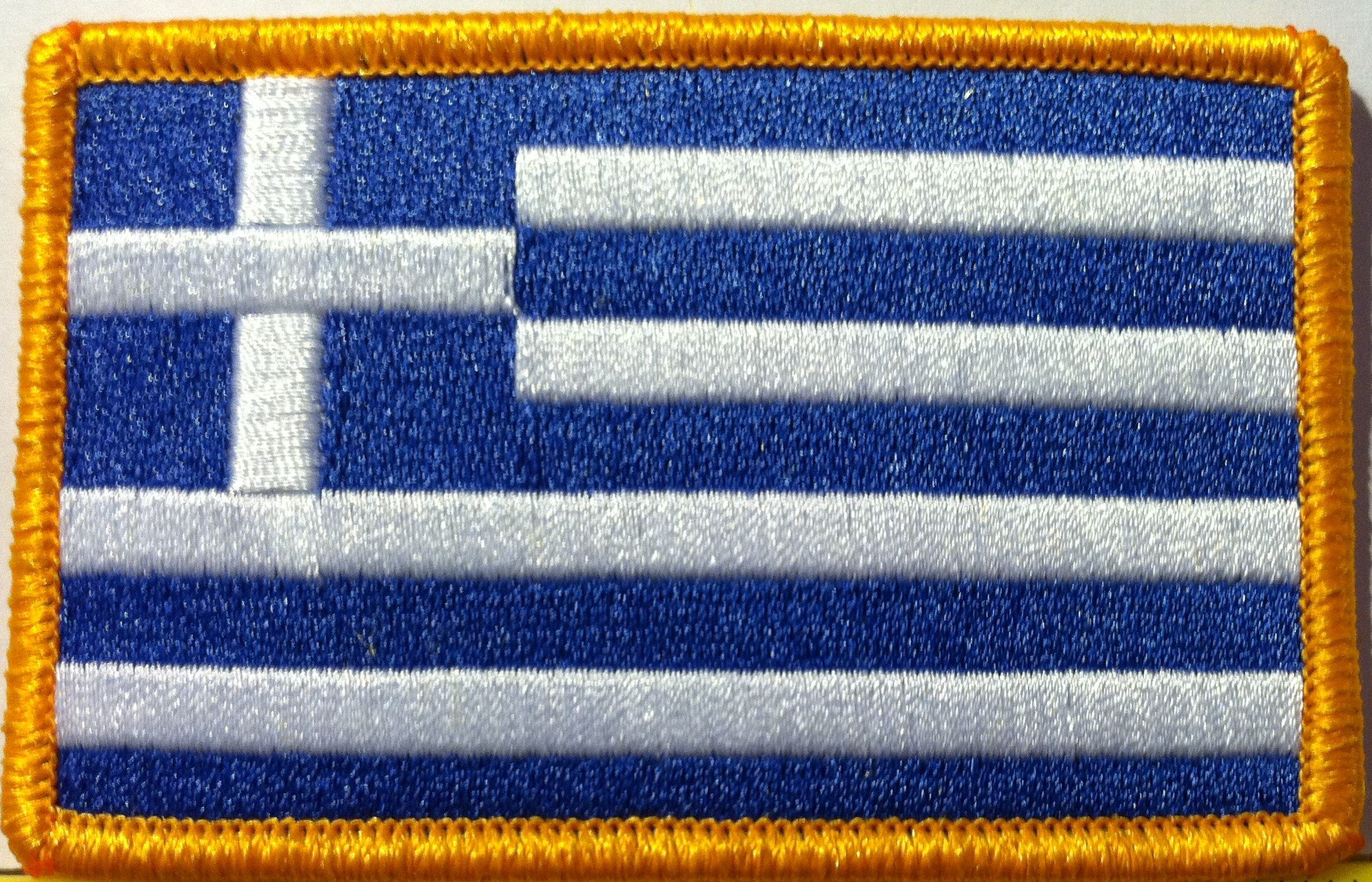 Greek Flag Iron-on Patch with Gold Border - Embroidered Europe Emblem for Jackets, Bags & DIY Crafts - Perfect for Travel, Gifts & National Pride