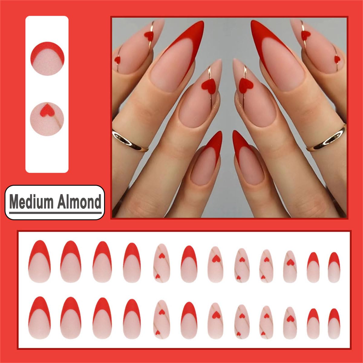 Almond Shaped Press on Nails - French Rose Red Matte Acrylic Fake Nails with Heart Design, 24PCS Full Cover Glue on Artificial Nails for Women & Girls | Perfect for Daily Wear, Parties, Weddings & Special Occasions