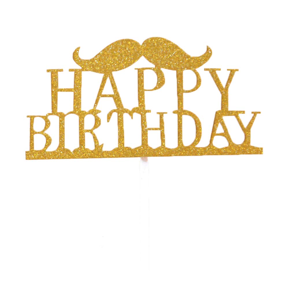 Flairs New York Happy Birthday Decorations - Gold Mustache Cake Topper & Party Banner Set (Pack of 1) - Perfect for Birthday Cakes, Dessert Tables & Celebration Decorations