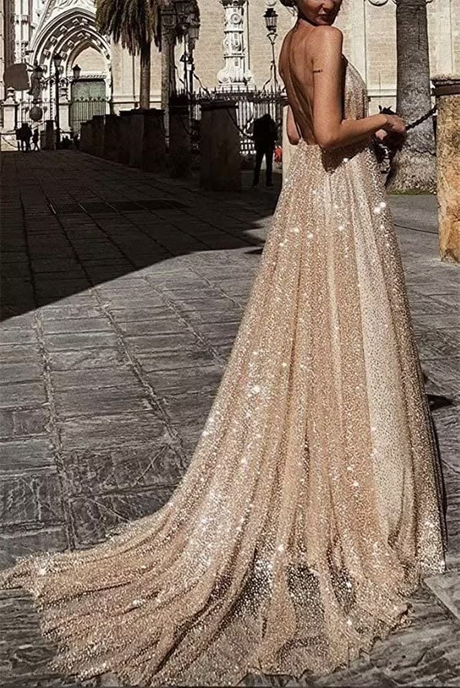 Sparkling Deep V-Neck Prom Dress for Women - Elegant Backless Long Tulle Formal Evening Gown for Homecoming, Wedding, Ball & Special Occasions