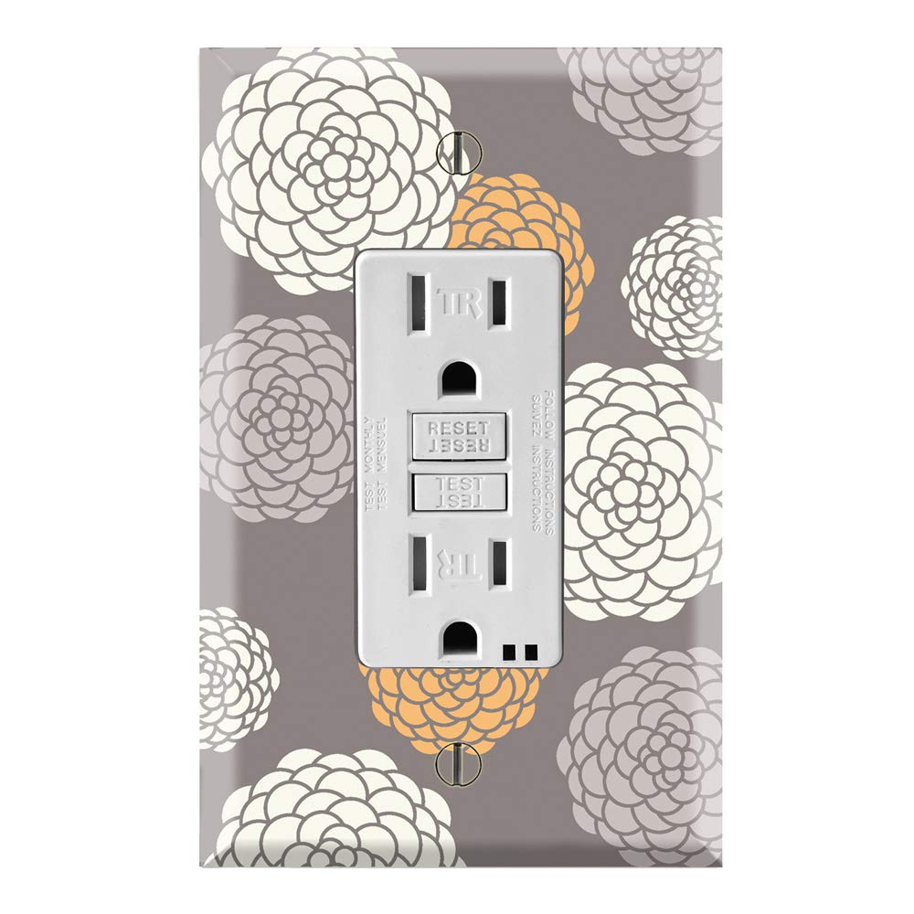 Modern Flower Blossom Grey Graphics Wall Plate Cover - Single Rocker/GFCI Outlet - Decorative Switch Plate for Living Room, Bedroom & Office Decor