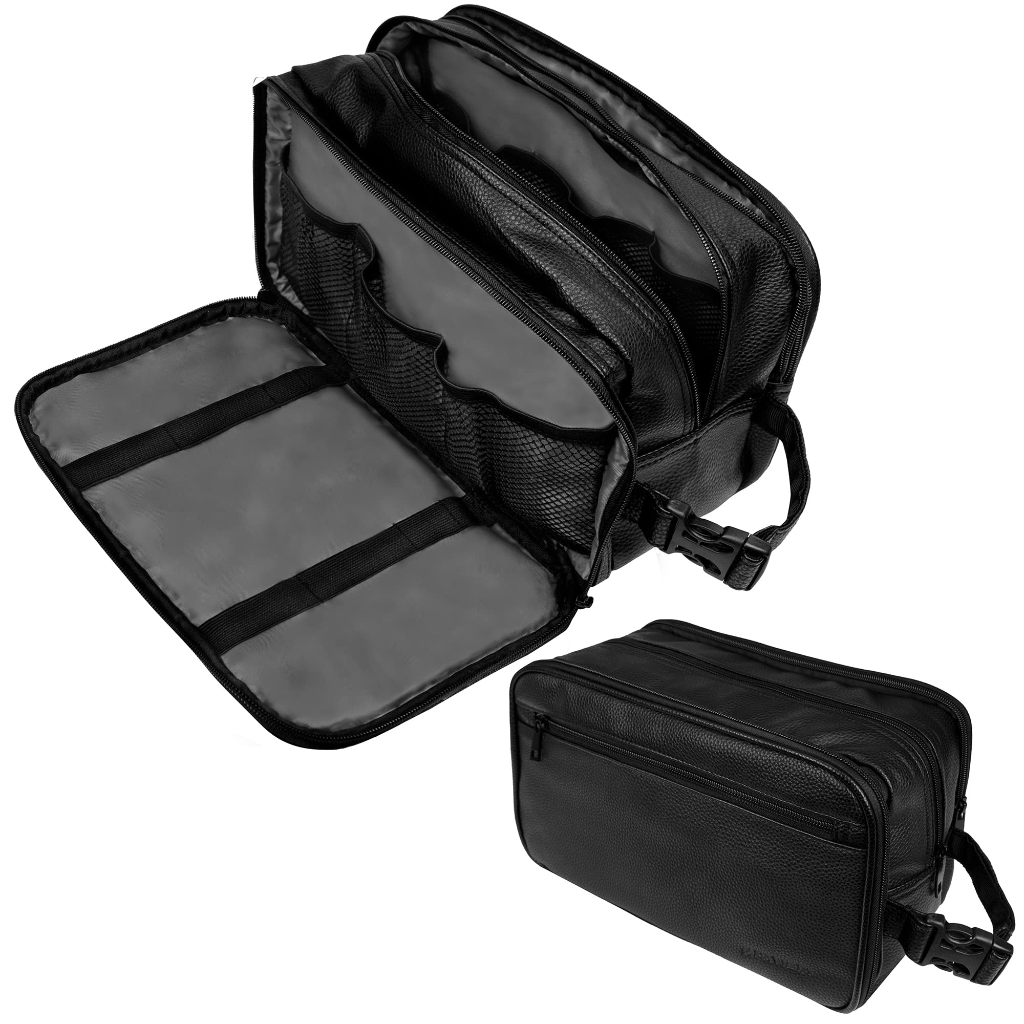 PAVILIA Men's Travel Toiletry Bag - Waterproof PU Leather Dopp Kit Organizer for Shaving, Cosmetics & Grooming Essentials | Perfect for Business Trips, Gym & Vacation (Black)