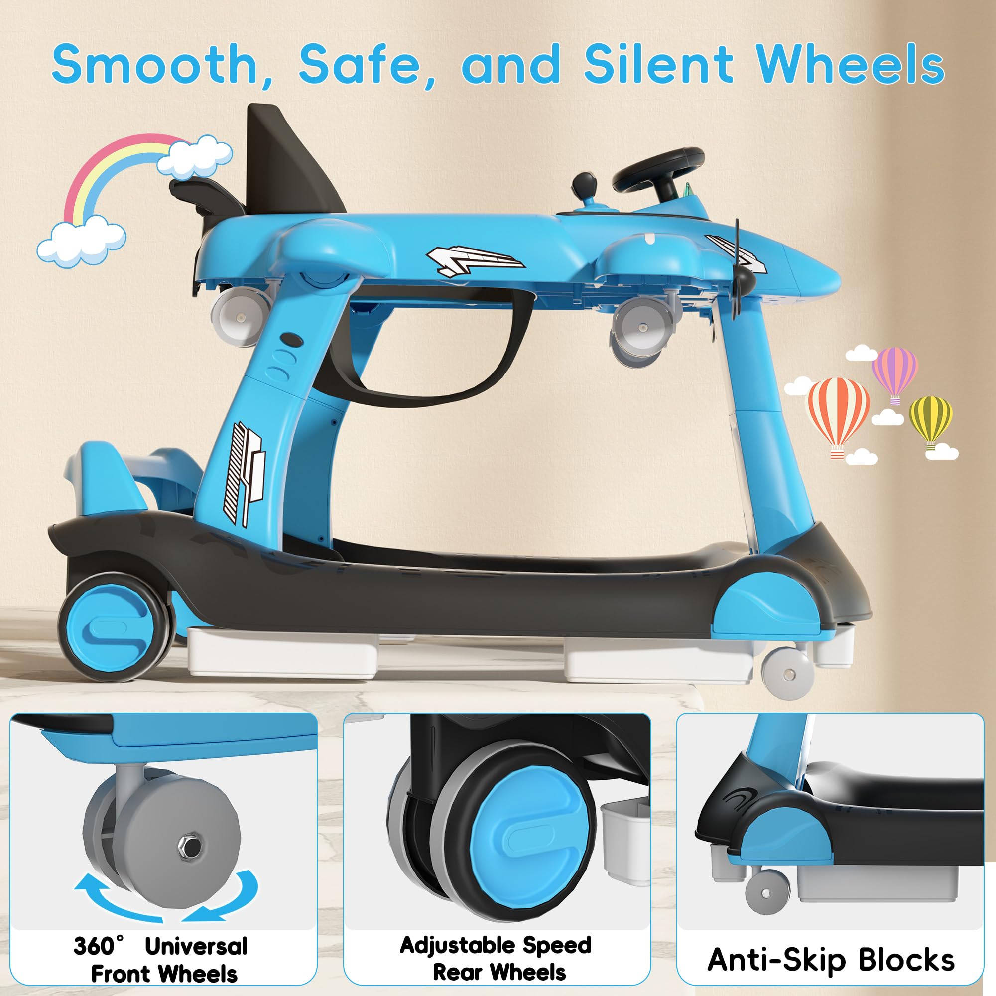 6-in-1 Foldable Baby Walker with Adjustable Height & Speed - Airplane-Themed Activity Push Walker with Music, Lights & Wheels - Anti-Slip Design for Boys & Girls 6-18 Months - Perfect for Learning to Walk & Indoor Playtime