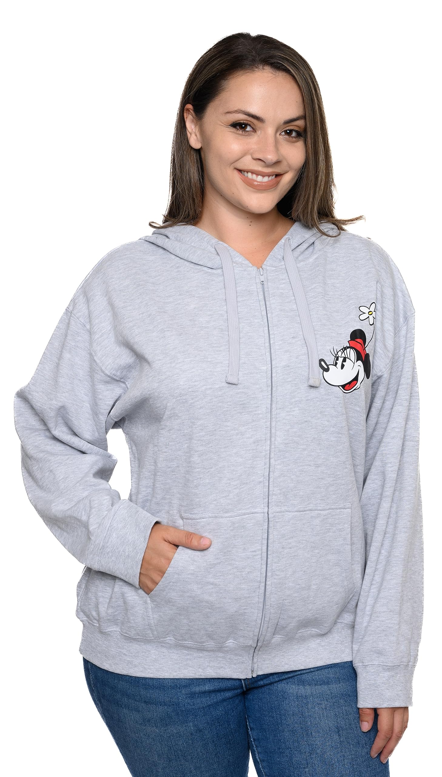 Disney Women's Mickey & Minnie Mouse Print Zip Up Hoodie - Cozy Fleece Pullover for Casual Wear & Disney Theme Park Outfits