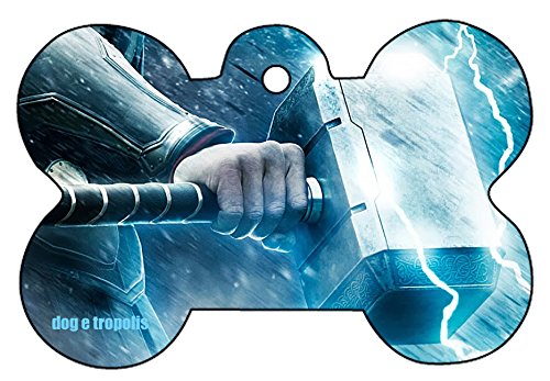 O2 Thor God Hammer Pet ID Tag - Personalized Custom Bone Heart Shape Dog & Cat Collar Tag with Key Ring (Blue Hammer, Bone) - Perfect for Norse Mythology Fans & Pet Identification