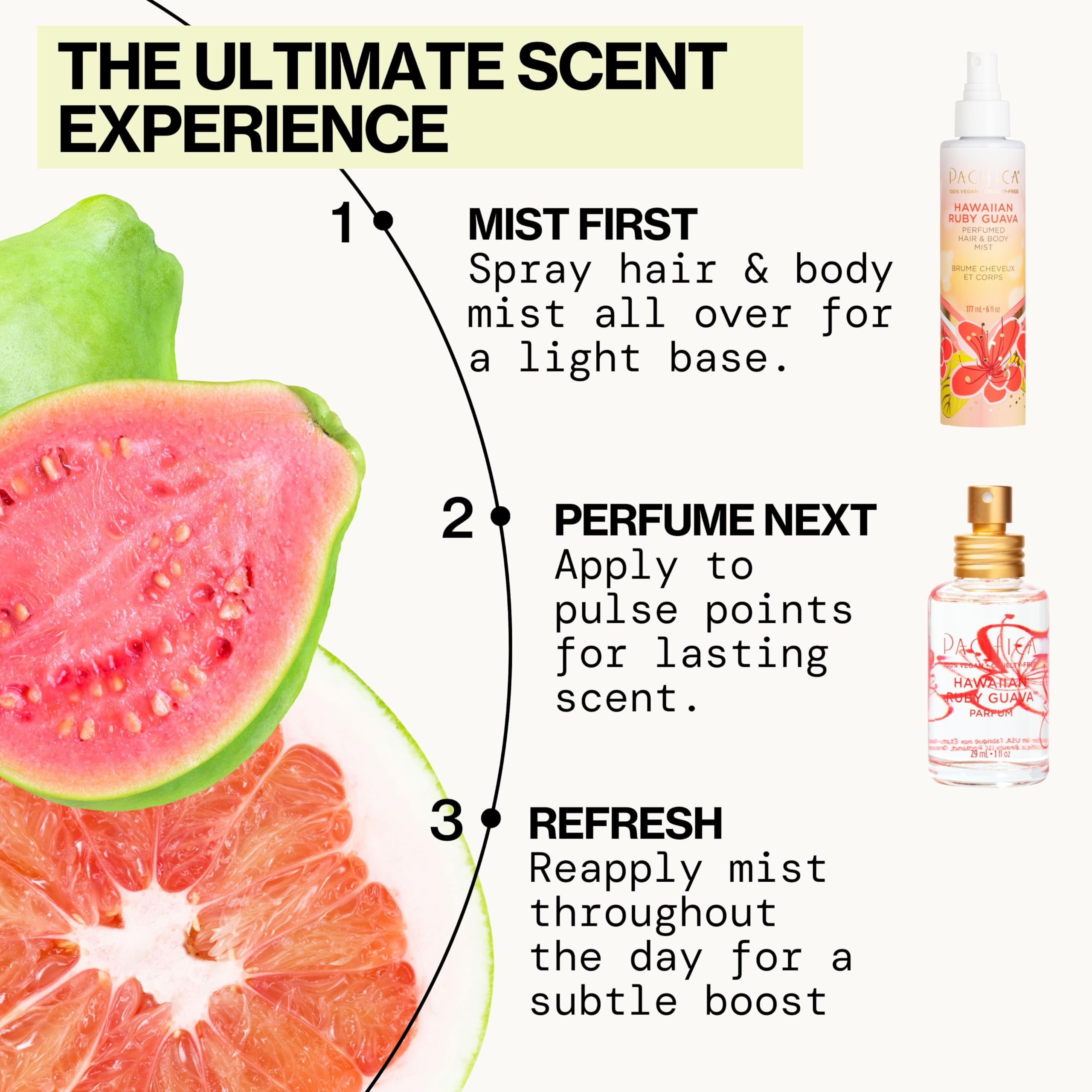 Pacifica Hawaiian Ruby Guava Perfumed Hair & Body Mist for Women - 6 oz Floral Tropical Scent | Lightweight Hydrating Spray for Beach, Vacation & Everyday Use