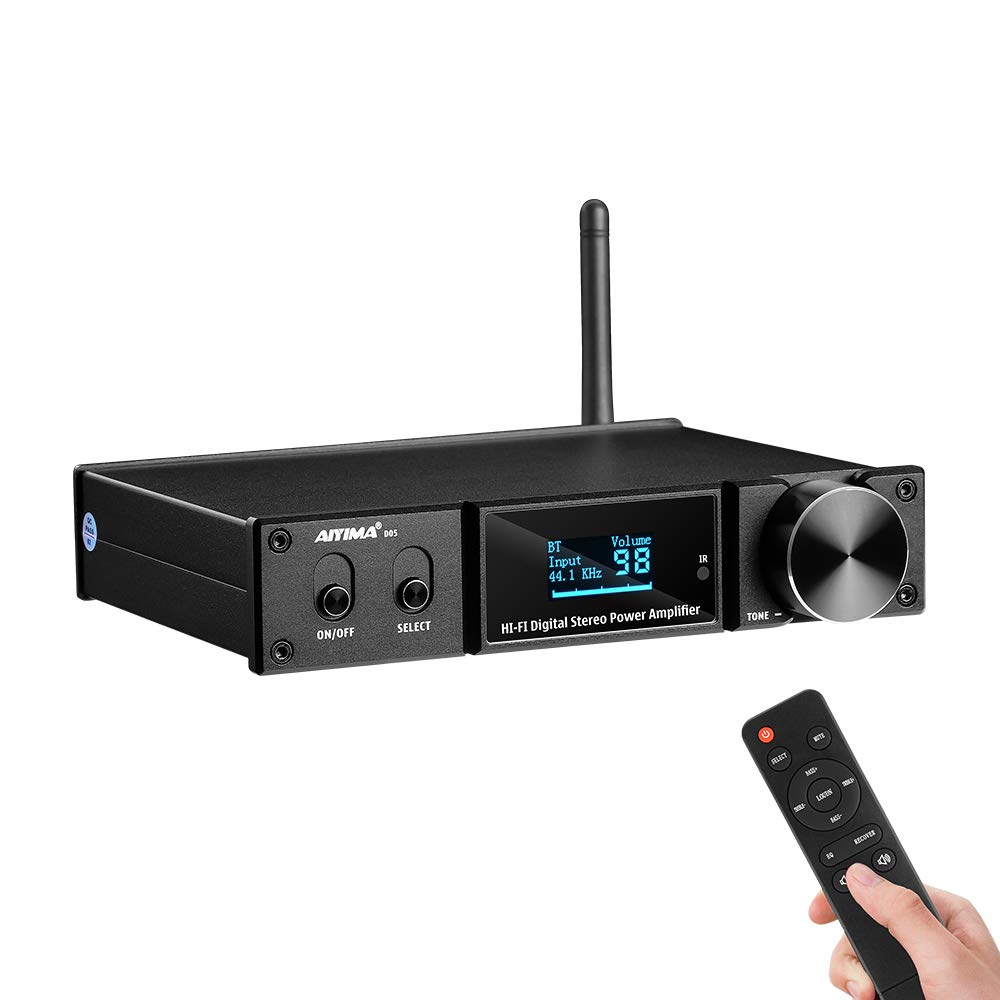AIYIMA D05 Bluetooth 5.0 Stereo Amplifier 120Wx2 HiFi 2.1 Channel Digital Audio Power Amp with USB DAC, Coaxial, Optical Inputs, 24Bit/192kHz Class D, OLED Display, AptX HD - Supports Subwoofer & Includes Remote Control - Perfect for Home Theater, Music Studio, and Audiophile Sound Systems