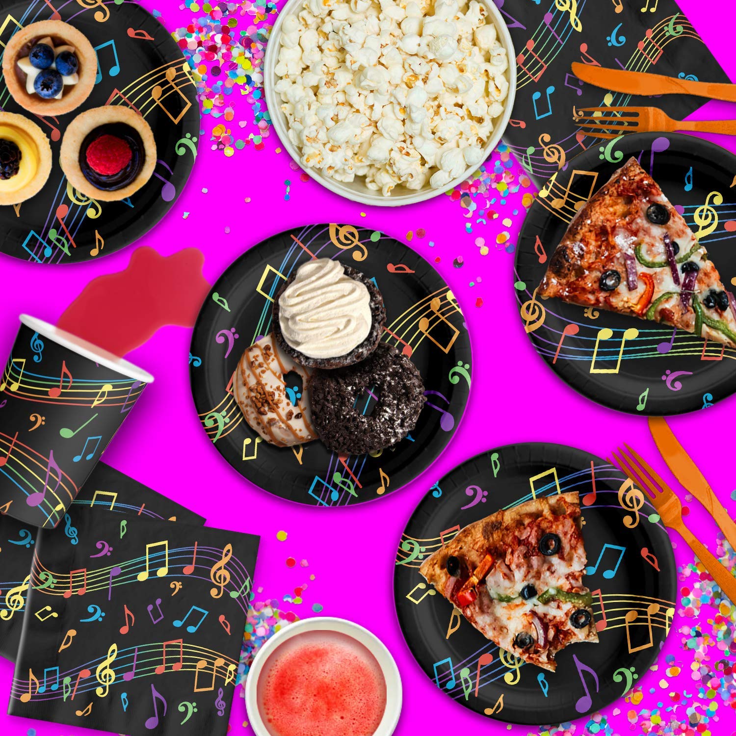 Vibrant Music Notes Themed Birthday Party Supplies Set - 16-Piece Tableware Kit with Plates, Napkins & Cups for Kids' Celebrations, Baby Showers & Themed Events
