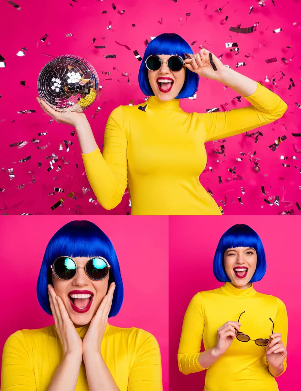 Blue Wig with Neon Glasses - Rainbow Cosplay Wig for Women - Bachelorette Party Accessories & Costume - Perfect for Halloween, Cosplay, Themed Parties & TikTok Videos