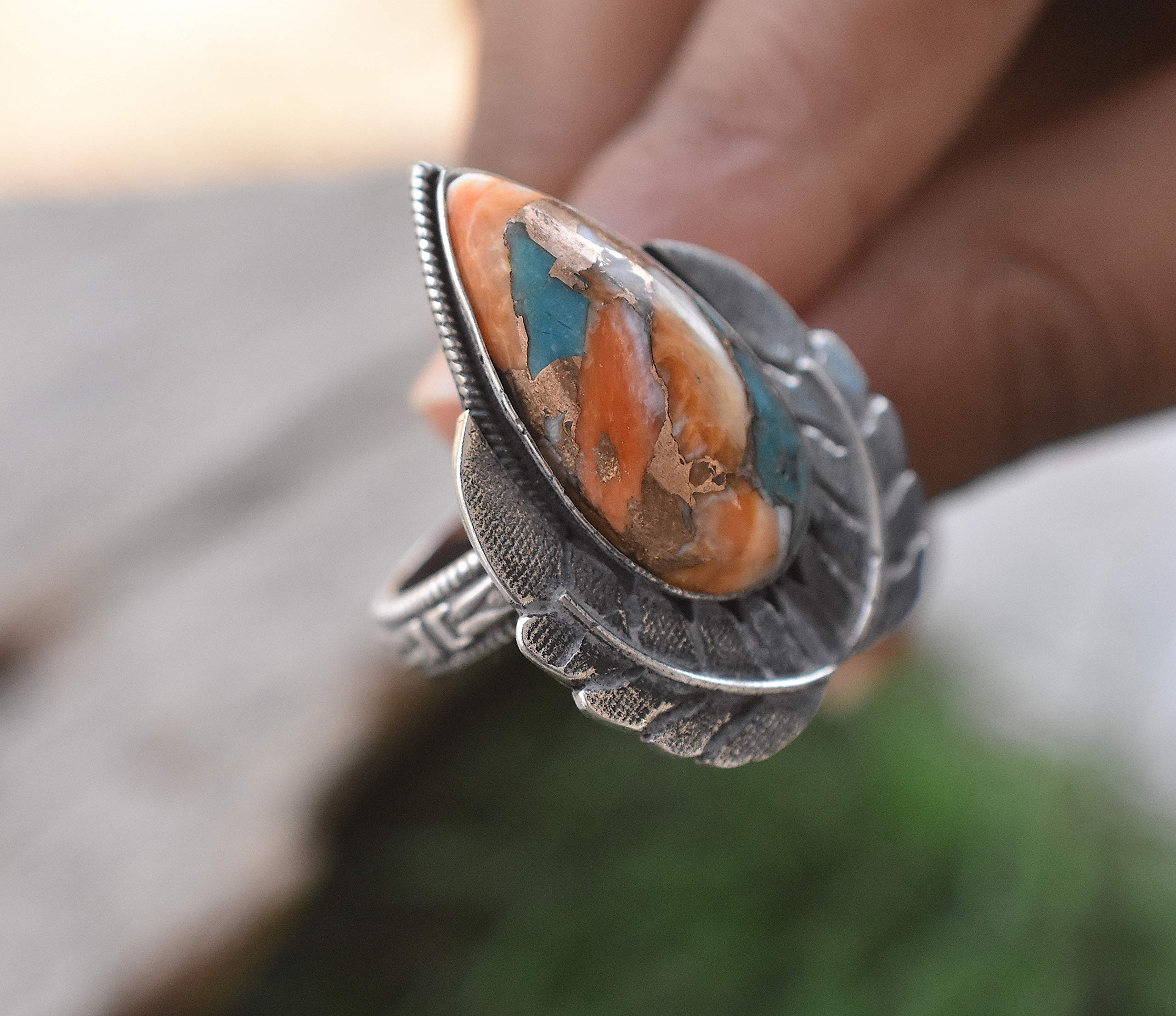 Vintage Handmade 925 Sterling Silver Oyster Copper Turquoise Ring - Boho Hippie Jewelry, Spiny Turquoise Birthstone Ring for Women, Perfect Birthday Gift (TQ-15) | Ideal for Boho Fashion, Hippie Style & Everyday Wear