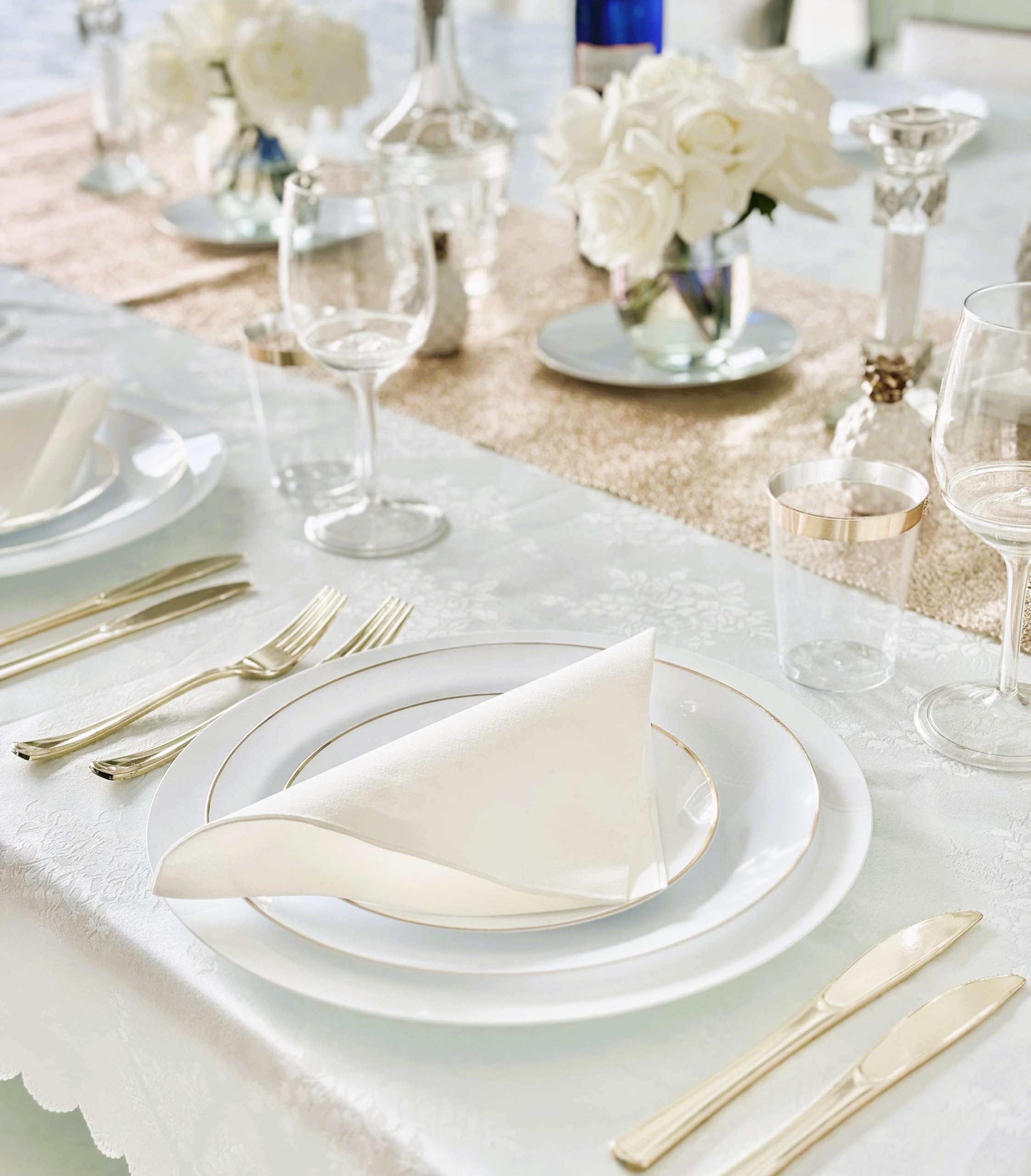 240-Pack Disposable Plastic Plates for Wedding & Party - 10.25 Inch Elegant White & Gold Dinner Plates (Bali Design) - Perfect for Birthday Celebrations, Bridal Showers & Catering Events
