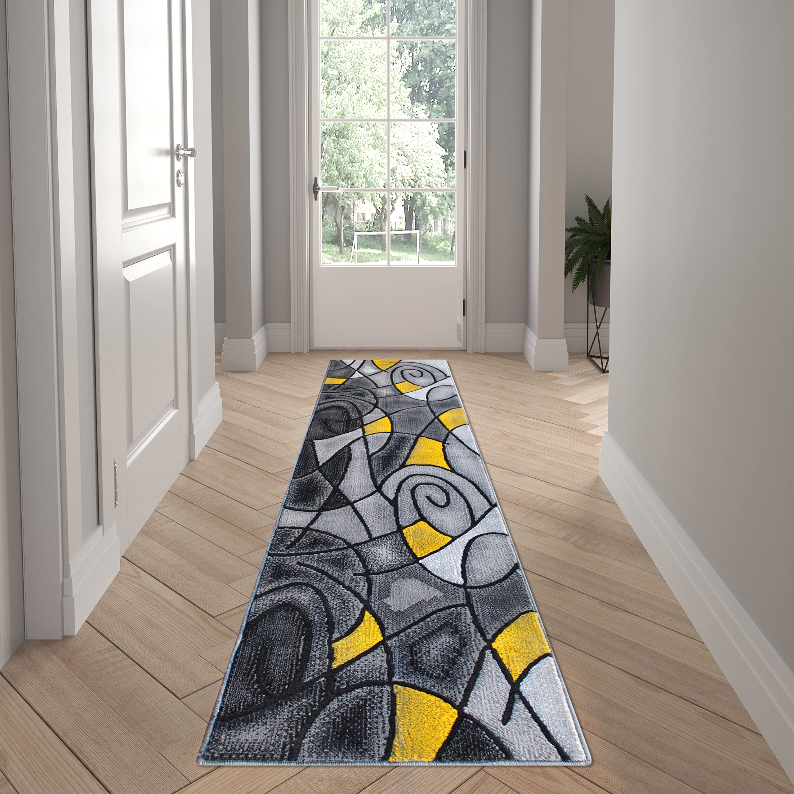 EMMA + OLIVER Urbane Plush Olefin Accent Runner Rug - 2x7 Feet Abstract Geometric Pattern with Gray Gradient & Yellow Accents - Moisture & Stain Resistant Indoor Runner - Perfect for Hallway, Entryway or Living Room Decor