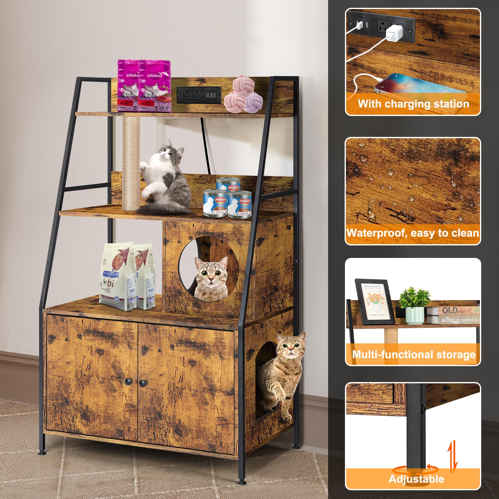 Melos Cat Litter Box Enclosure Furniture with 2 Storage Shelves & Charging Station - Hidden Litter Box Cabinet with Cat Tree Tower - Multi-Functional End Table for Living Room, Bedroom, Office - Modern Brown Cat Washroom Furniture for Home Decor