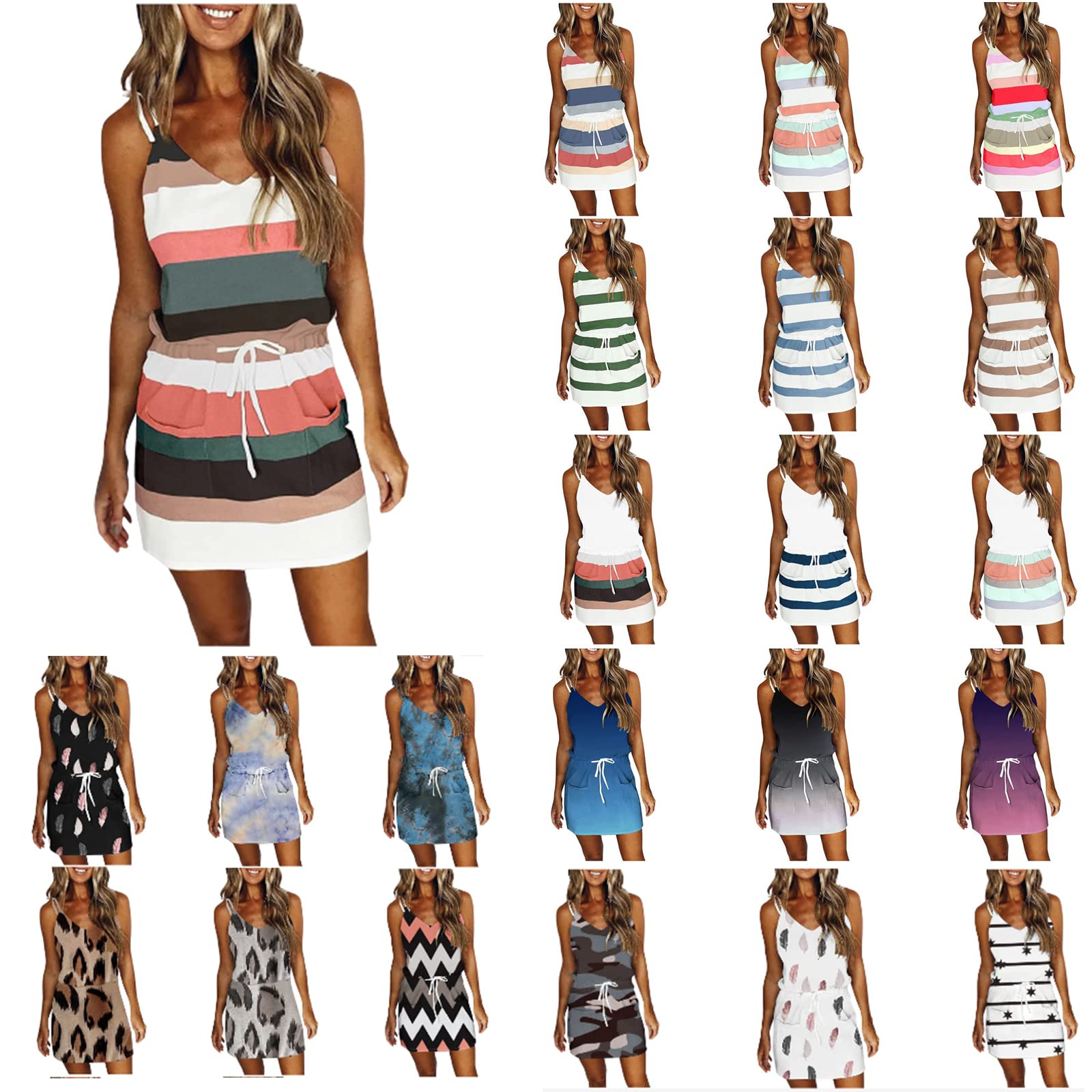 Women's Casual Sundress - Spaghetti Strap Beach Dress with V-Neck & Mini Pockets | Striped Summer Dress for Vacation, Pool Party & Tropical Outings