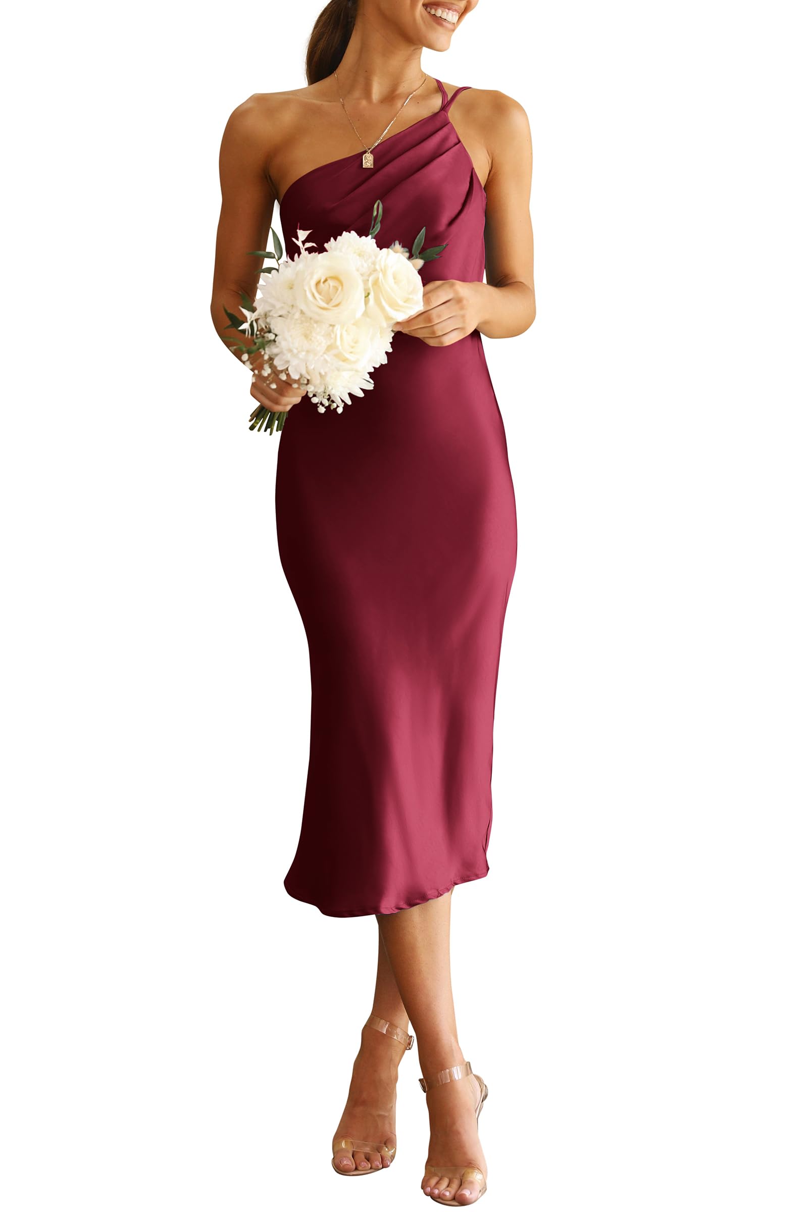 PRETTYGARDEN Women's One Shoulder Midi Dress - Satin Spaghetti Strap Backless Ruched Bodycon Dress for Summer, Beach Party, Date Night and Evening Occasions