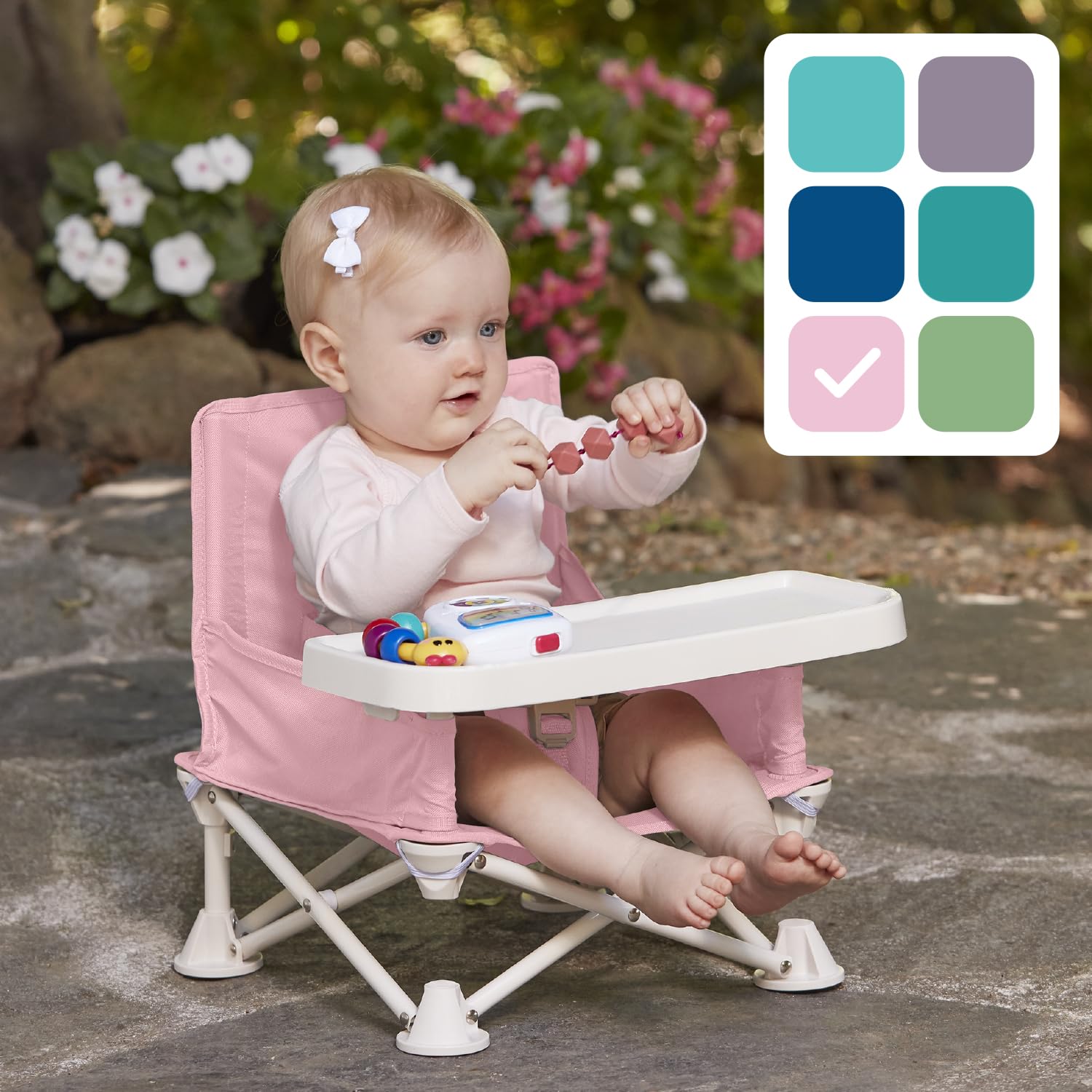 Hiccapop OmniBoost Travel Booster Seat with Tray for Baby - Foldable Portable High Chair for Dining, Camping, Beach & Travel | Tip-Free Design with Safety Straps | Perfect for Restaurants, Picnics & Grandma's House