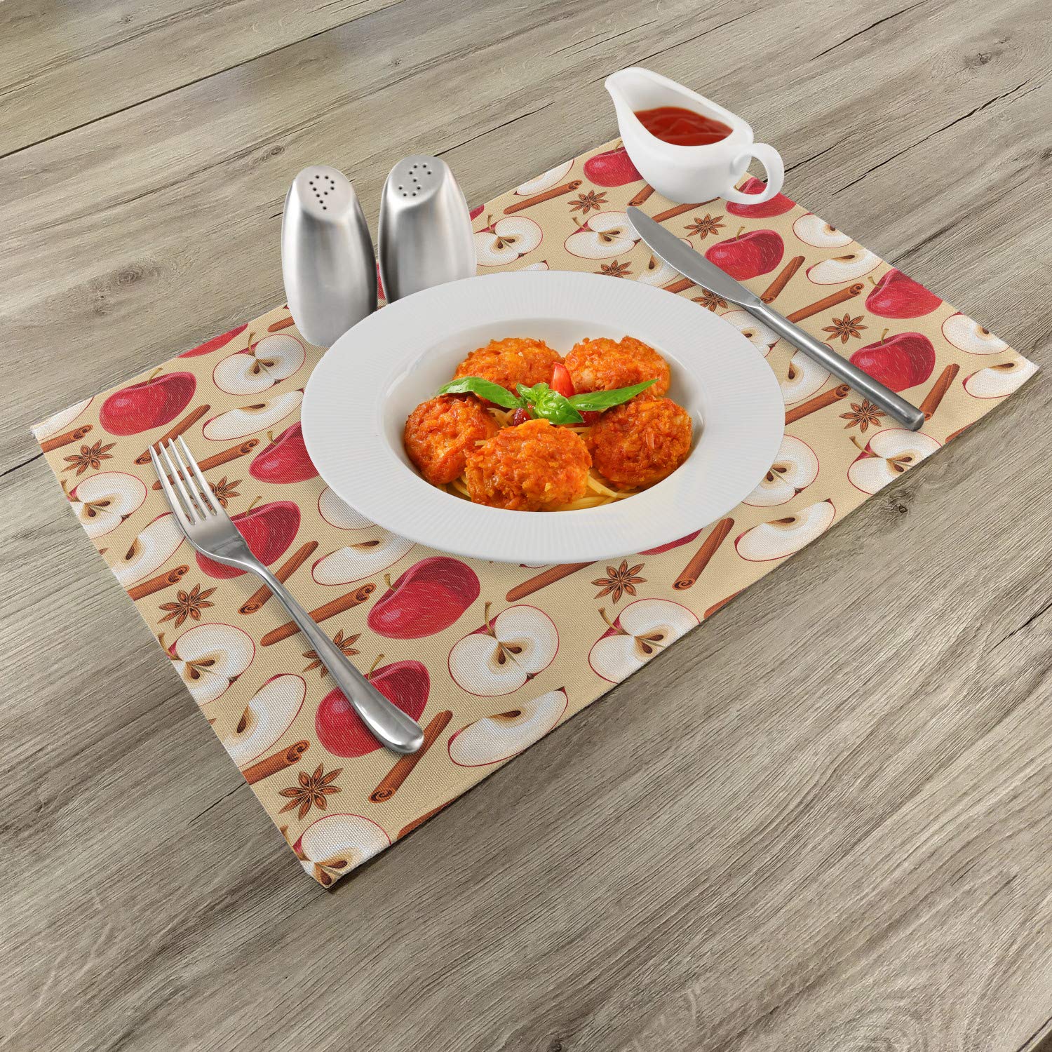 Ambesonne Apple Place Mats Set of 4 - Quartered & Halved Apples with Cinnamon Sticks Design, Washable Fabric Table Mats for Dining Room & Kitchen Decor (Beige Cinnamon Red) - Perfect for Fall Decorations, Thanksgiving Dinner & Cozy Family Gatherings