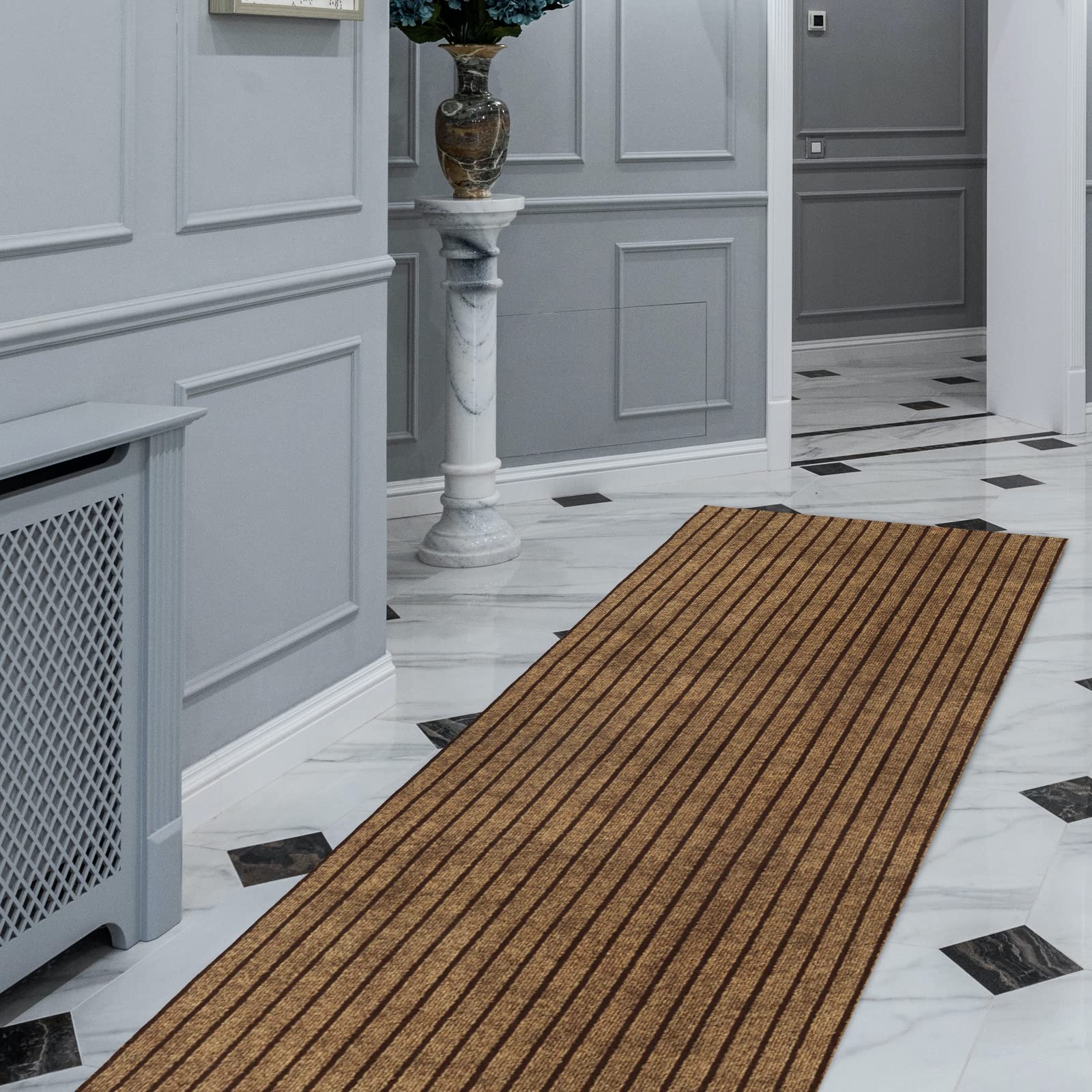 **FREADEM Runner Rugs 4' x 26' Indoor Outdoor Carpet Runner – Non-Slip Rubber Backing, Brown Stripe – Perfect for Hallway, Balcony, Garage, Entryway & Stairs**    *(Use Cases: Ideal for high-traffic areas, home decor, commercial spaces, and outdoor patios.)*