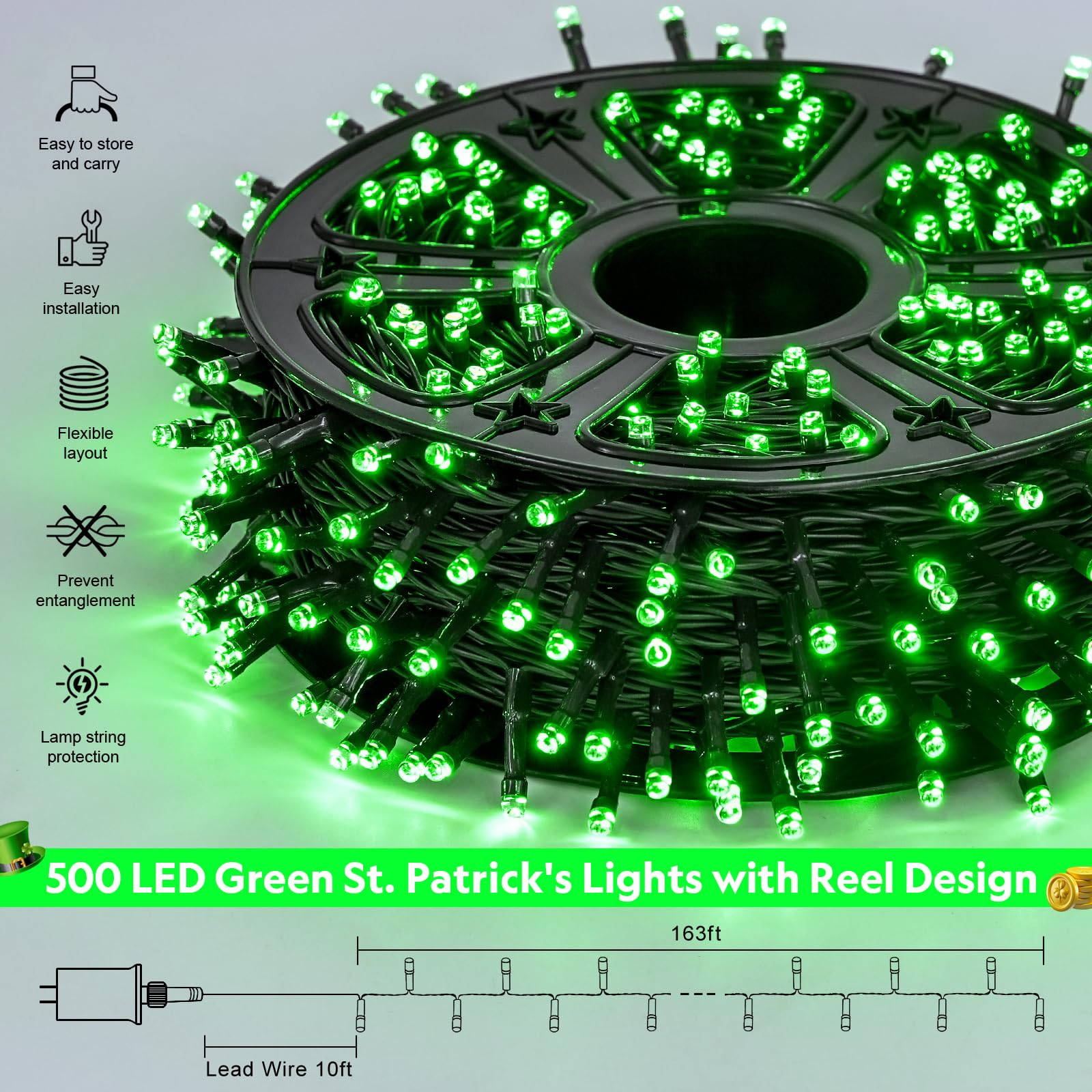 JMEXSUSS 500 LED Green String Lights - 8 Lighting Modes, 173ft Outdoor Christmas Lights for Holiday Decor - Perfect for Christmas Party, St. Patrick's Day, Garden, Patio, and Indoor Decorations