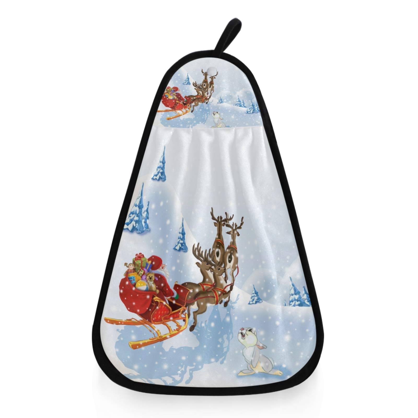 Christmas Santa Claus Sleigh Reindeer Rabbit Snowy Hanging Hand Towel - Absorbent Kitchen & Bathroom Dish Loop Cleaning Towel for Holiday Decor - Perfect for Christmas Decorations, Kitchen Use & Bathroom Decor