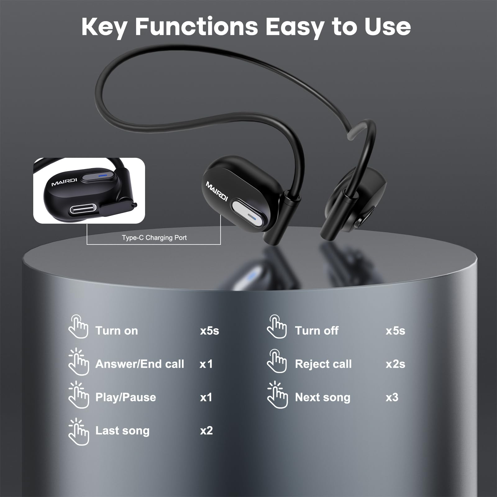 MAIRDI Open Ear Bluetooth Headphones Wireless Sport Earbuds - Air Conduction Technology, Bluetooth 5.3, Premium Sound Quality, 8H Battery Life, Noise Cancelling Mic - Perfect for Running, Cycling, Gym Workouts & Outdoor Activities (Black)