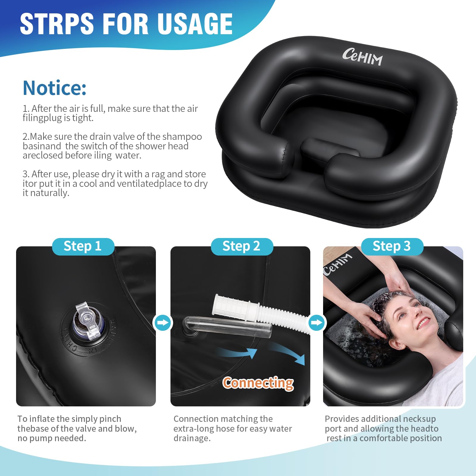 **Portable Inflatable Shampoo Basin for Hair Washing - Lightweight & Adjustable Shampoo Bowl for Bedridden, Disabled, or Injured Patients - Perfect for Dreadlocks, Home Sink, Salon, and Travel Use (Black)**