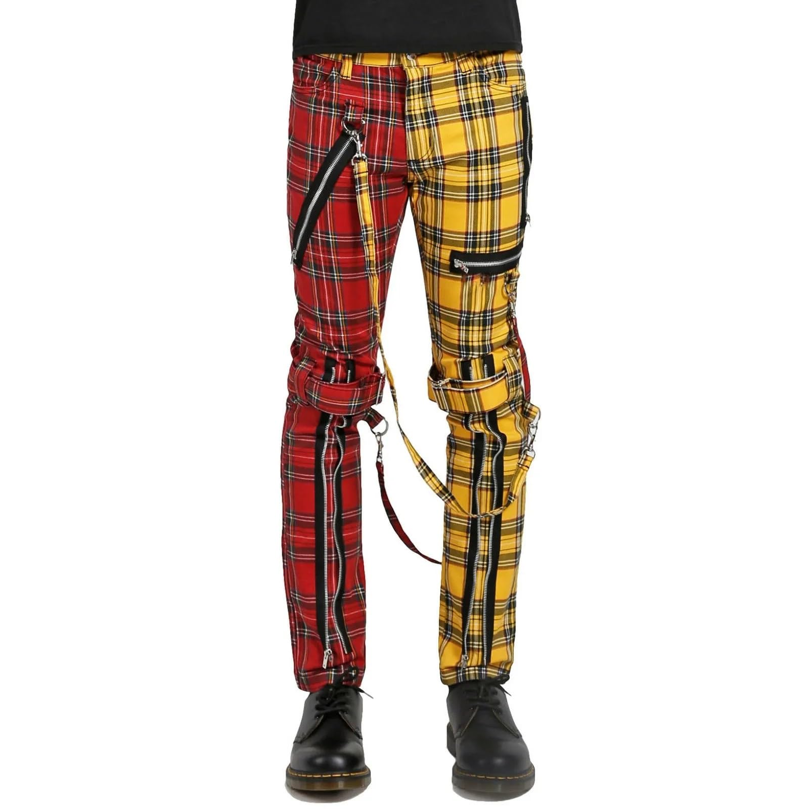 Premium Men's Punk Rock Split Leg Plaid Jeans - Alternative Rebel Emo Style Bondage Straps Pants for Concerts, Festivals & Gothic Fashion
