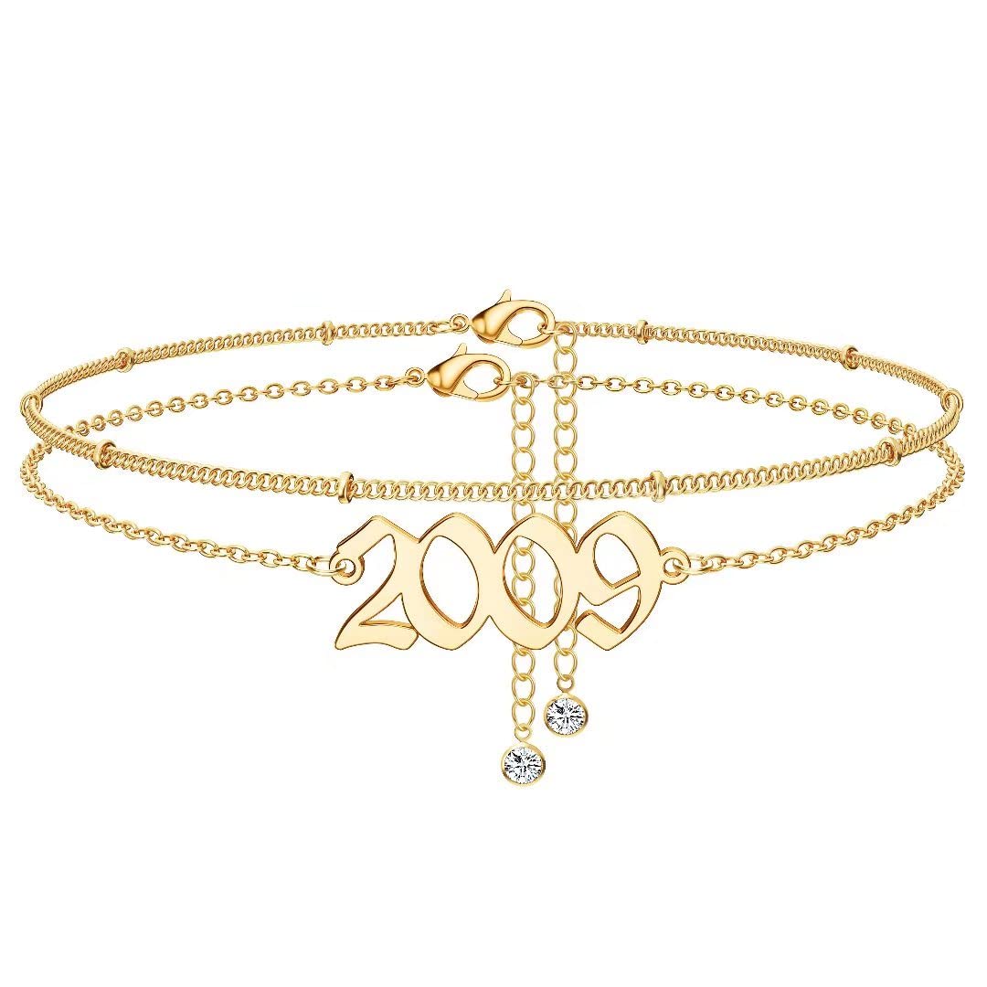 14K Gold Plated Birth Year Anklet - Women's Beach Jewelry for 1970-2021 Birthdays & Anniversaries