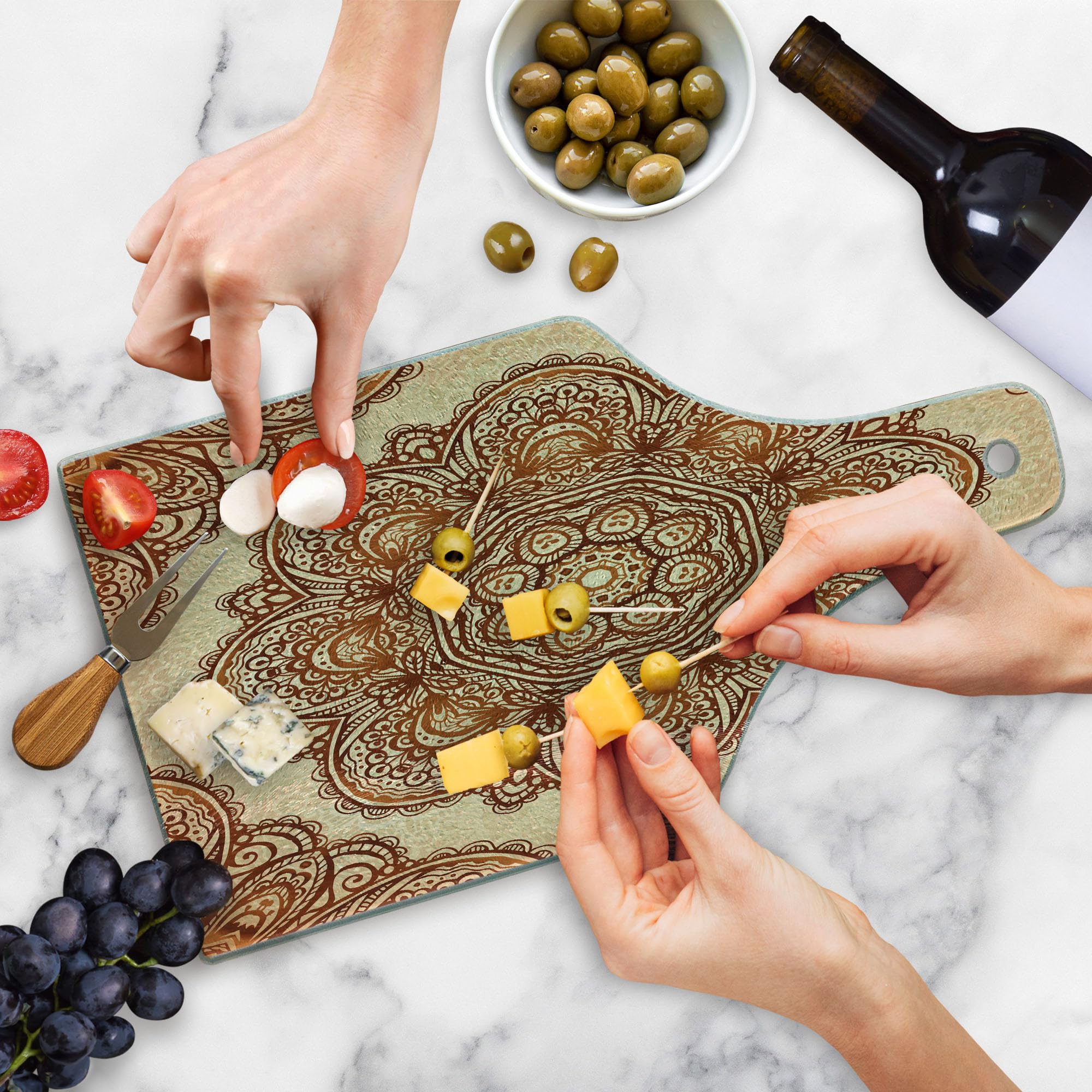 Ambesonne Ethnic Mandala Floral Cutting Board - Tempered Glass Wine Bottle Shape for Serving & Decor - Dark Brown & Pale Brown Abstract Paisley Design - Perfect for Cheese Platters, Charcuterie Boards & Kitchen Decor