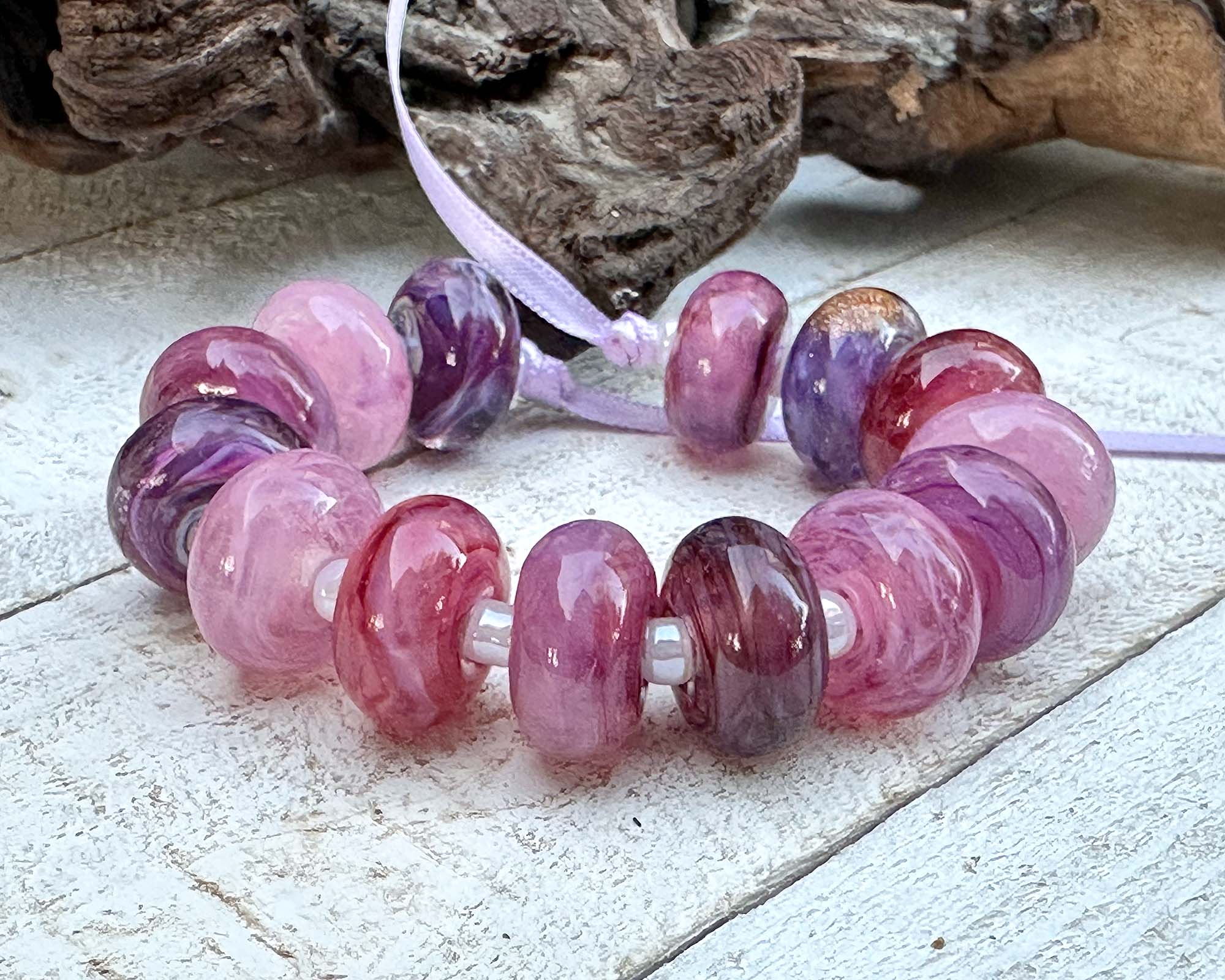 14 Pink & Purple Lampwork Glass Beads for Jewelry Making - DIY Bracelets, Necklaces, and Craft Projects - SRA Certified Handmade Beads