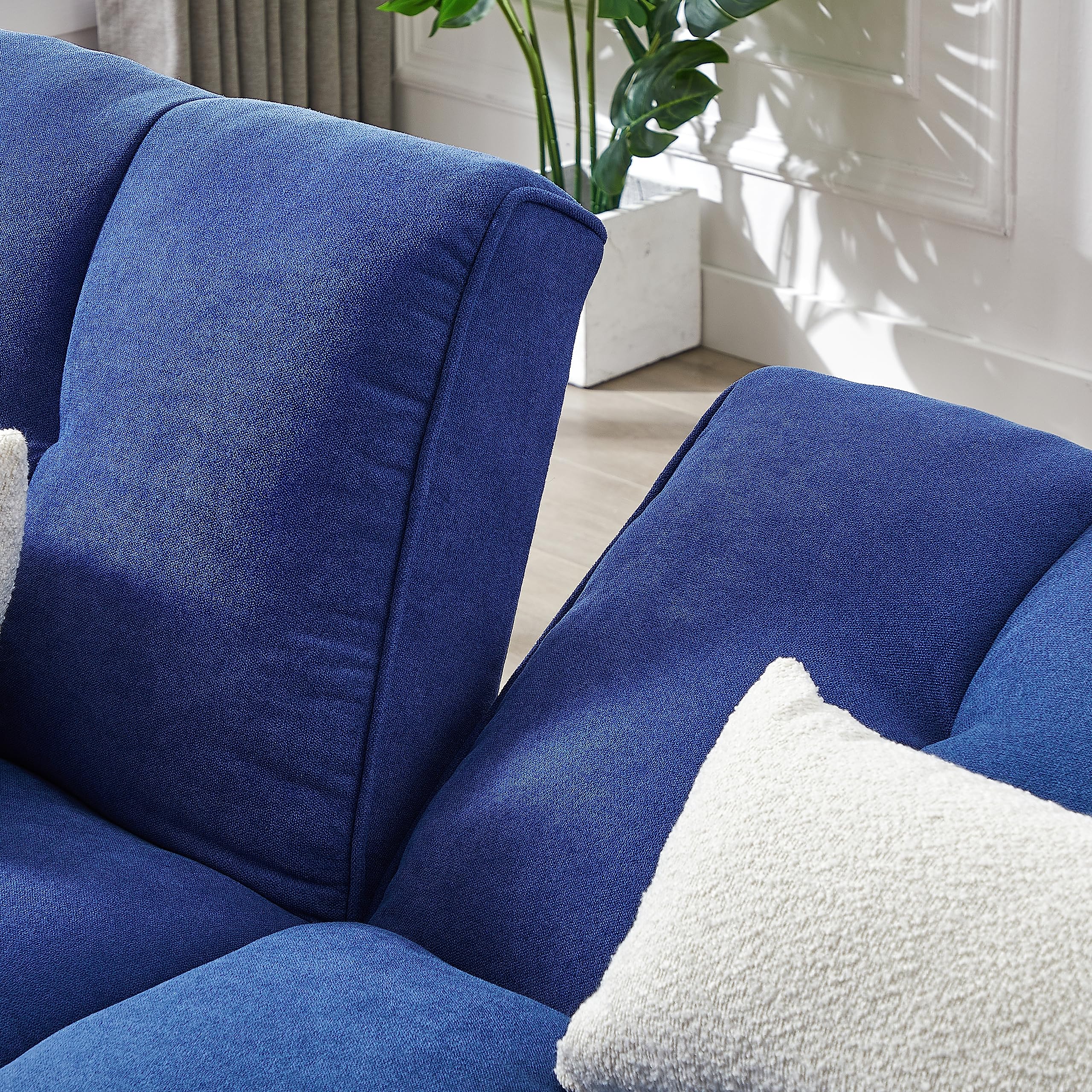 Convertible Futon Sofa Bed - Adjustable Couch Sleeper with Wooden Legs & 2 Pillows | Modern Fabric Linen Upholstered Sleeper Sofa for Small Spaces | Perfect for Apartments, Living Rooms, Studios & Guest Rooms (Blue)