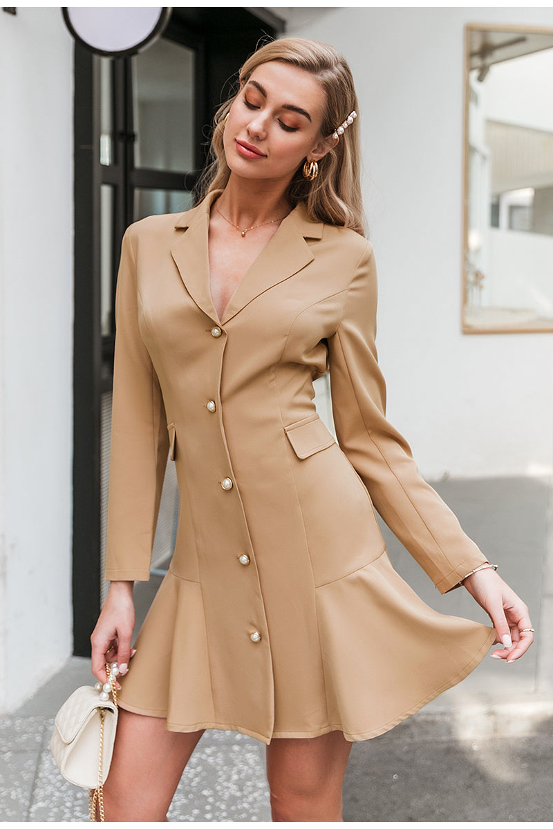 Elegant A-Line Ruffled Blazer Dress with Button Lapel for Women - Perfect for Office Wear, Business Meetings & Formal Events